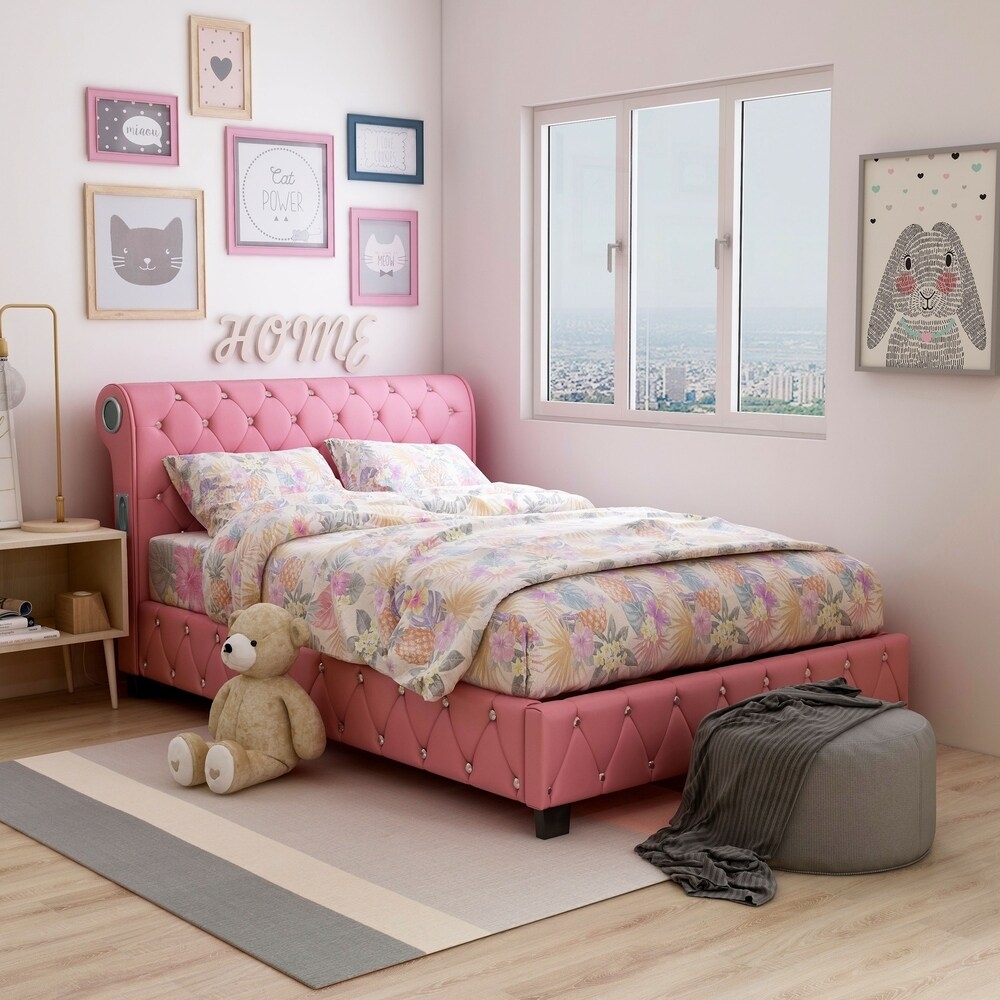Pink Faux Leather Upholstered Platform Bed
