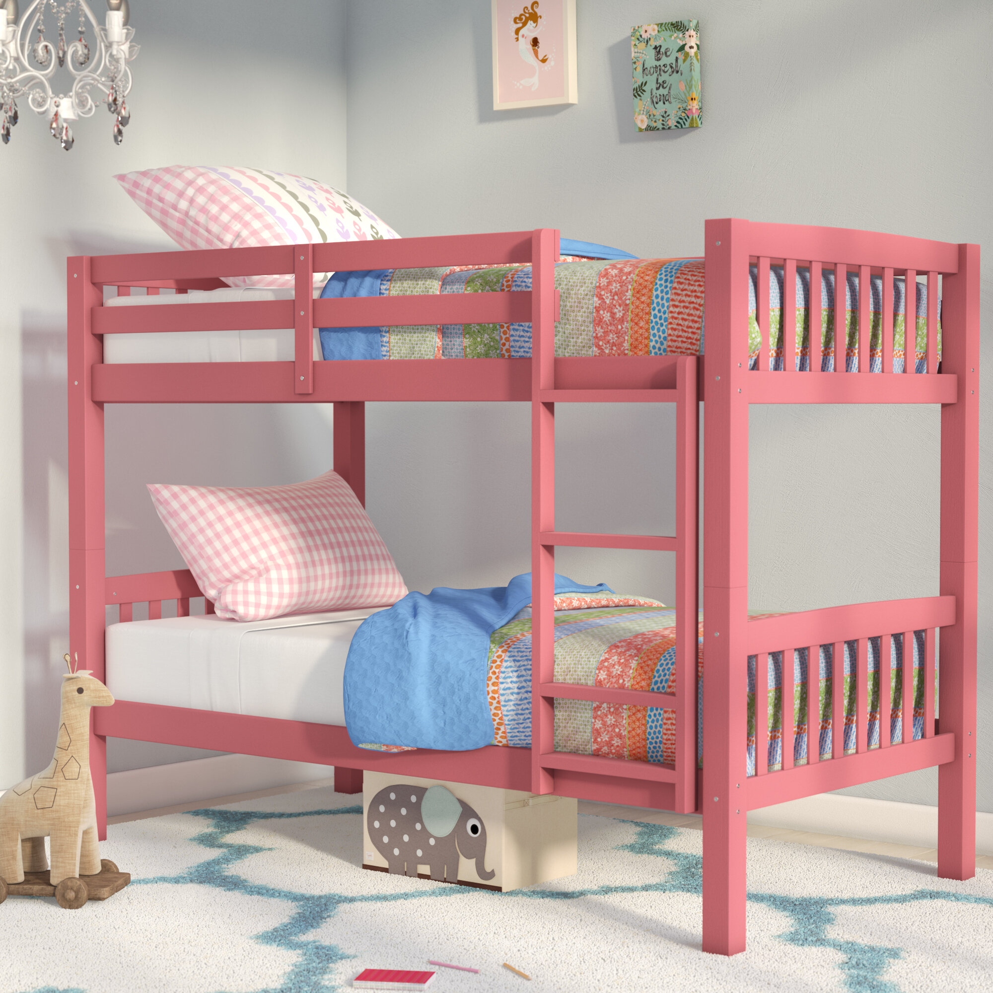 Pink Manufactured Wood Twin Over Twin Bunk Bed