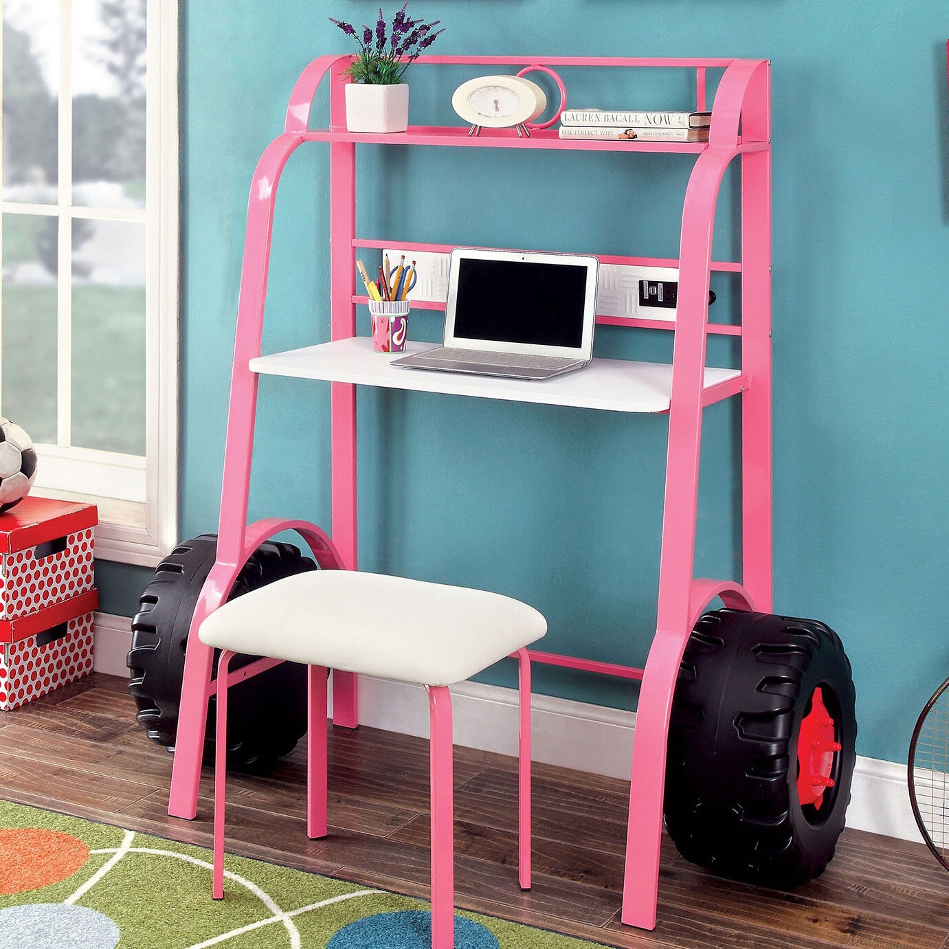 Pink Metal Kids Desk with Chair Set
