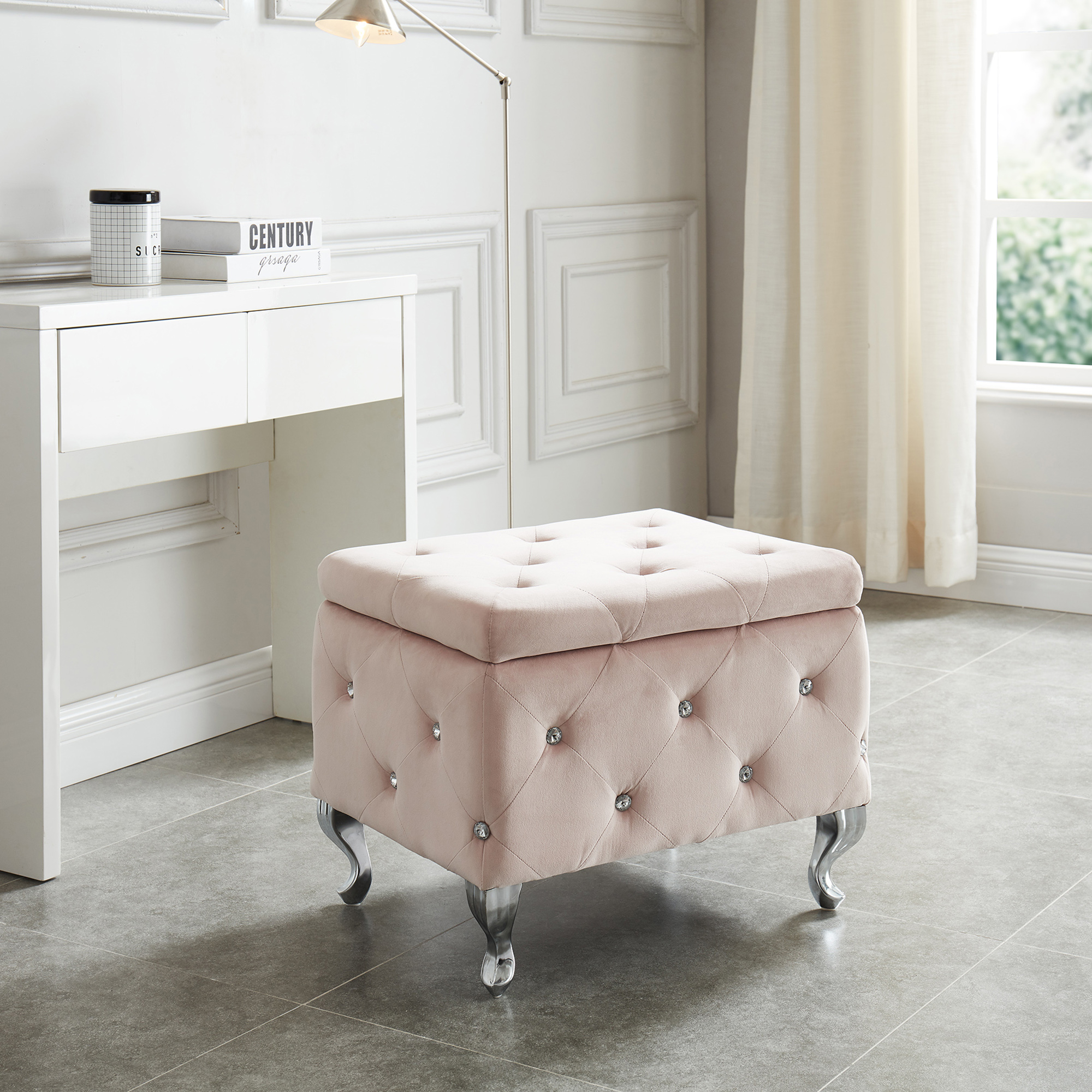 Pink Velvet Rectangle Storage Ottoman