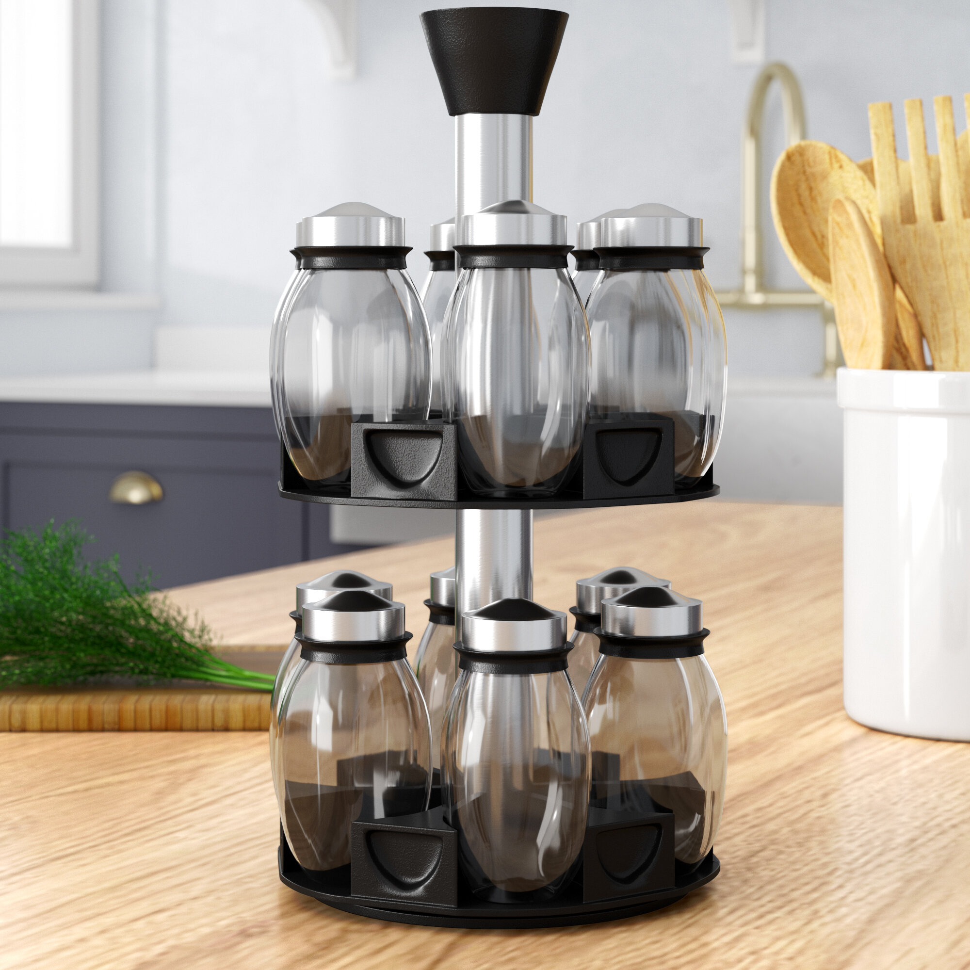 Plastic Glass Carousel Spice Jar And Rack Set