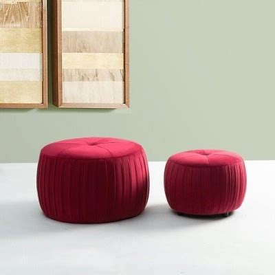 Red Polyester Round Pouf Set