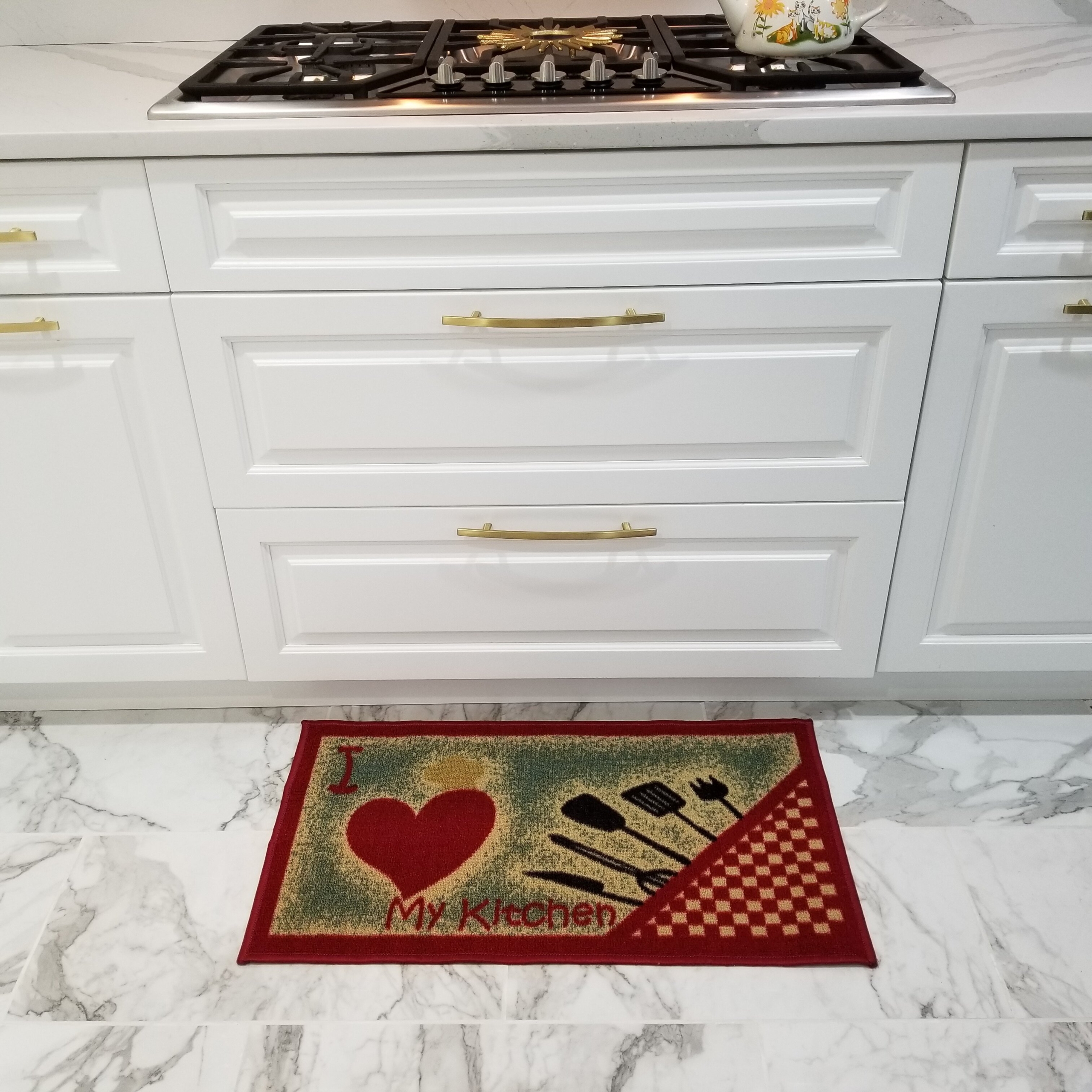 Red Synthetic Text Kitchen Mat