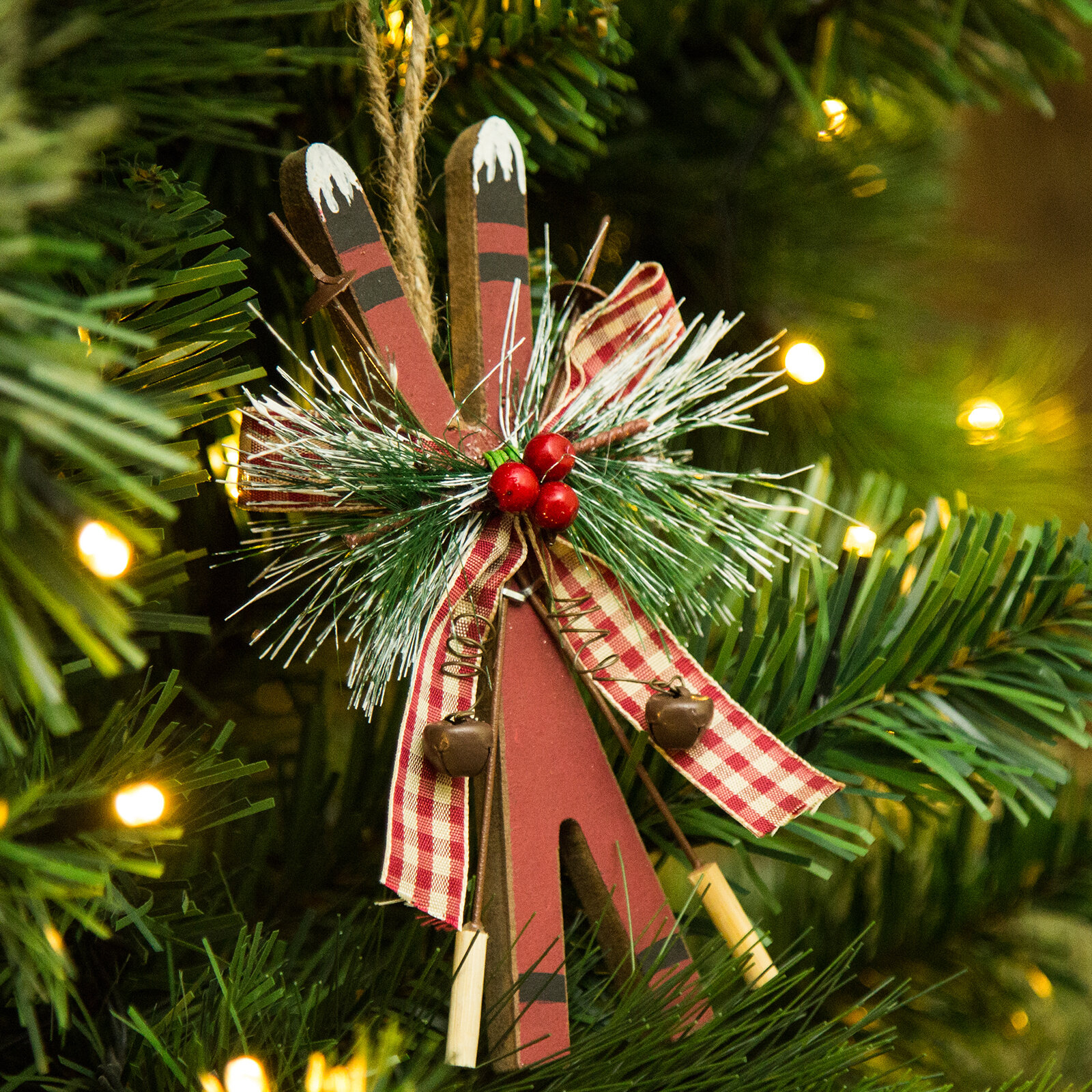 Red Wooden Skis Holiday Shaped Ornament