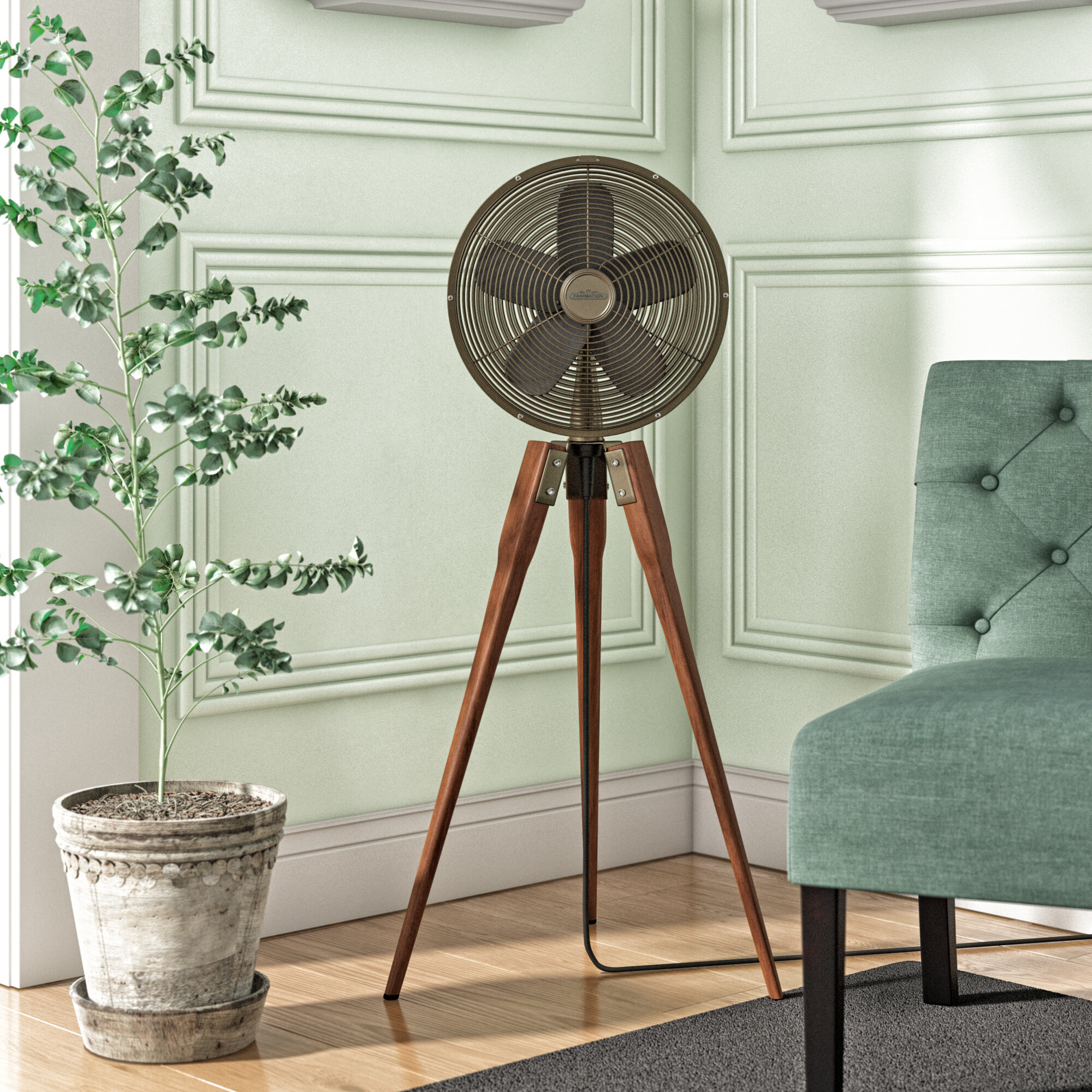 Retro Pedestal Floor Fan with Wooden Legs