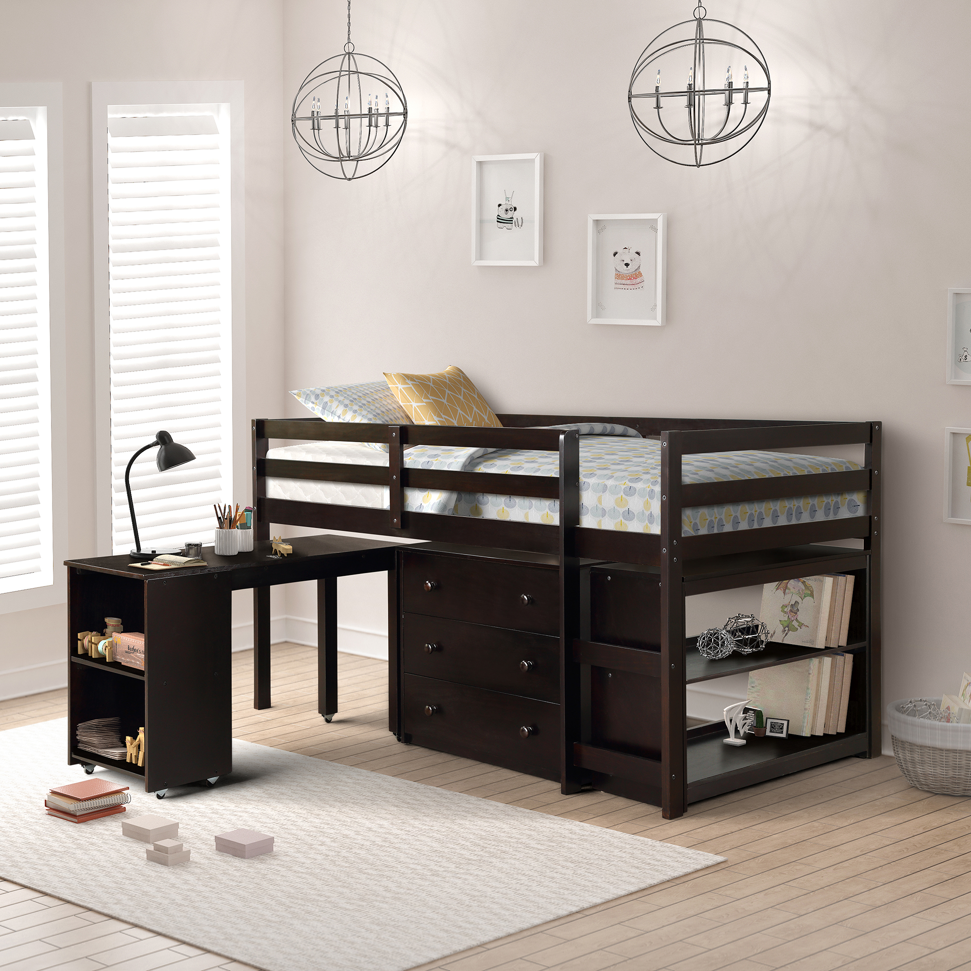 Rubberwood Twin Low Loft Captain's Bed
