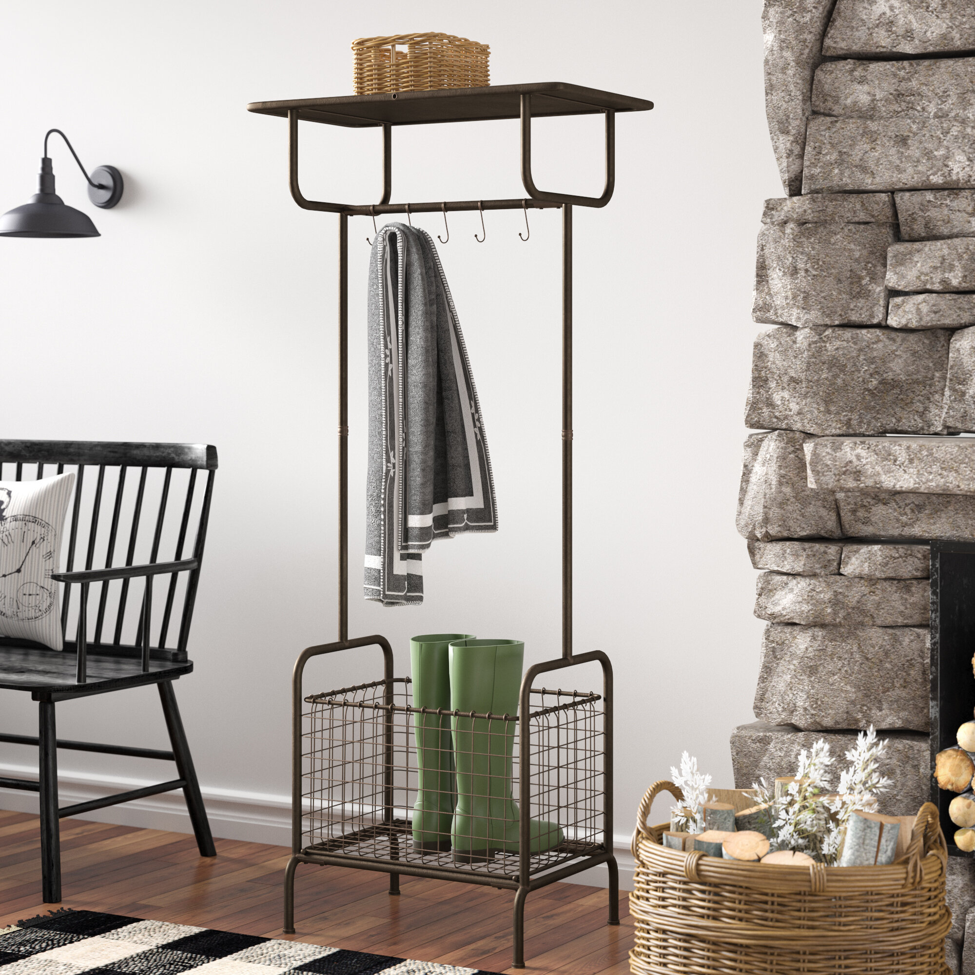 Rustic Brown Metal Hall Tree