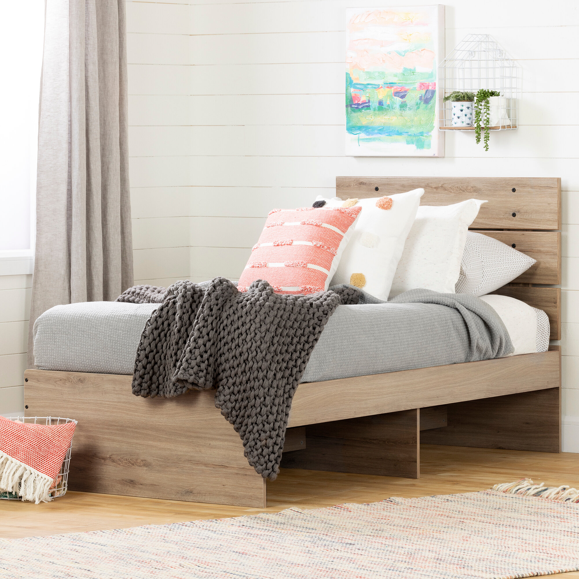 Rustic Oak Twin Platform Captain's Bed 