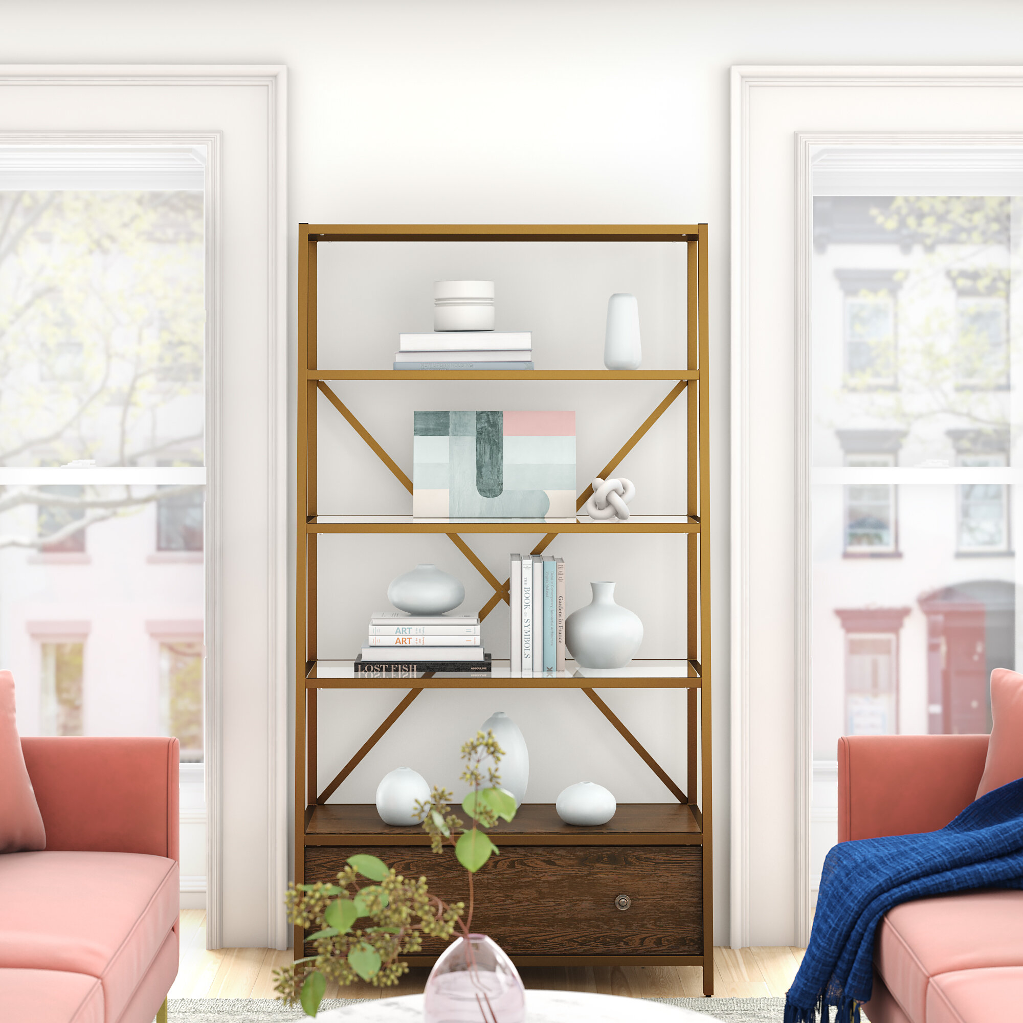 Rustic Oak Wood Metal Etagere Bookcase