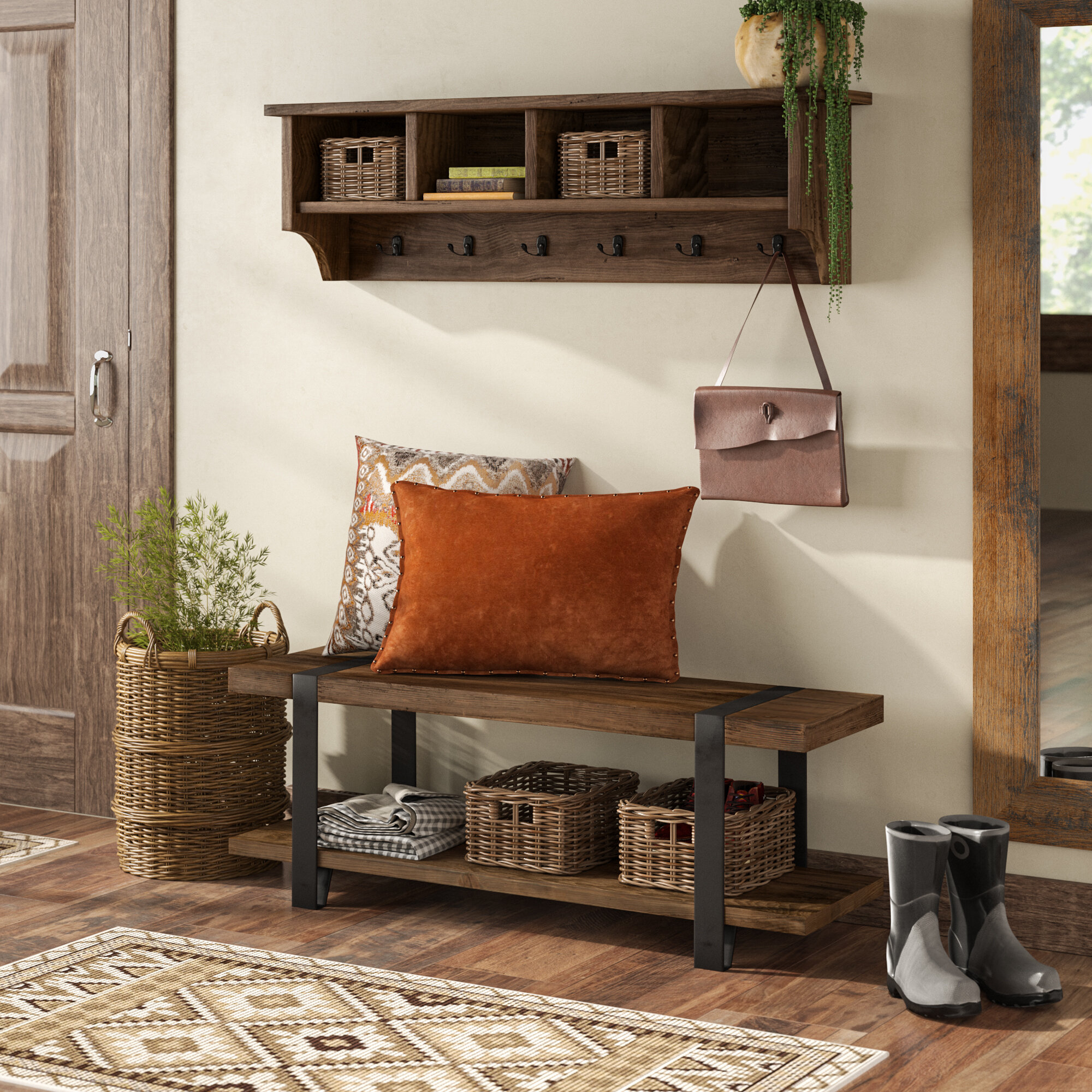 Rustic Solid Wood Hall Tree With Shoe Storage