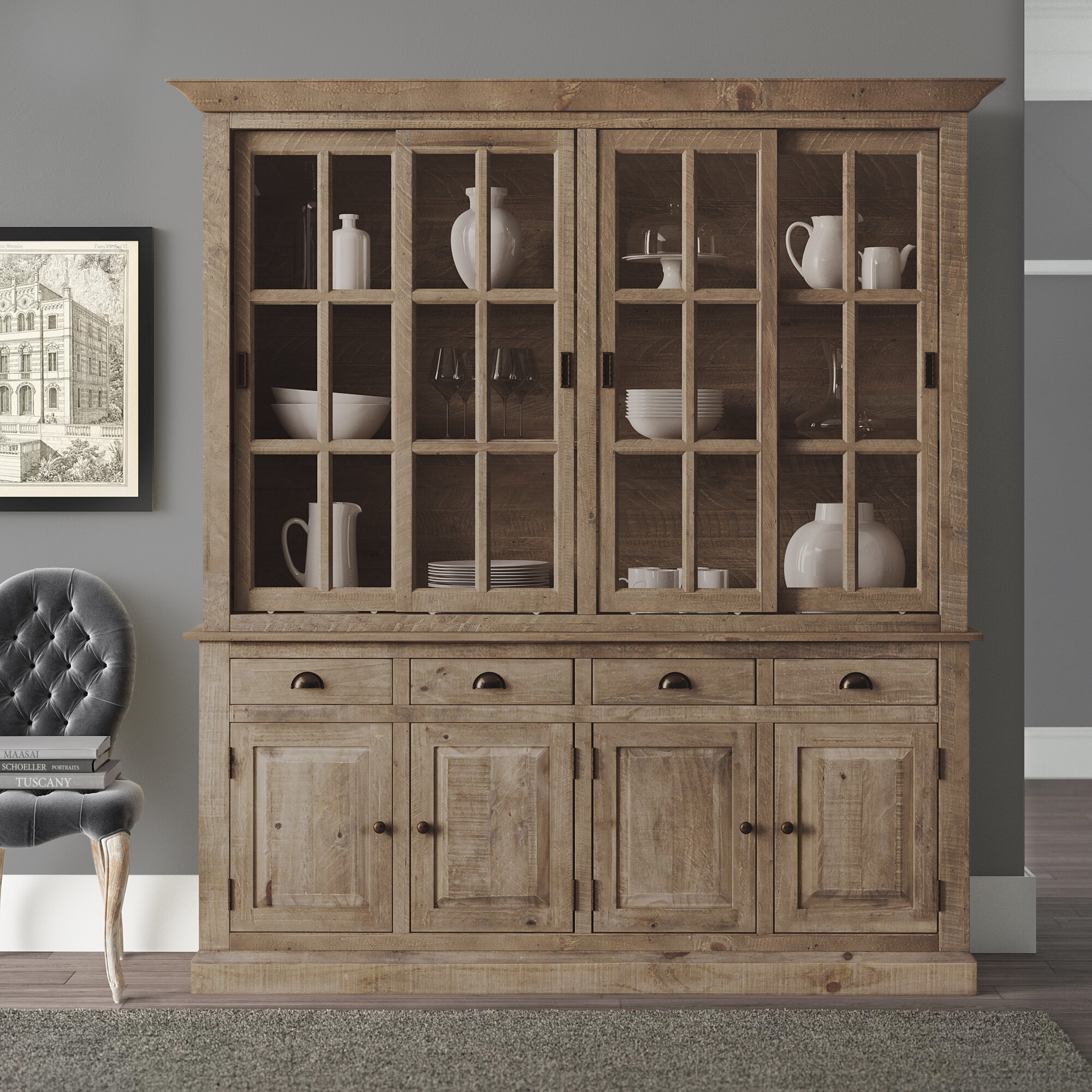 Rustic Taupe Pine Solid Wood China Cabinet