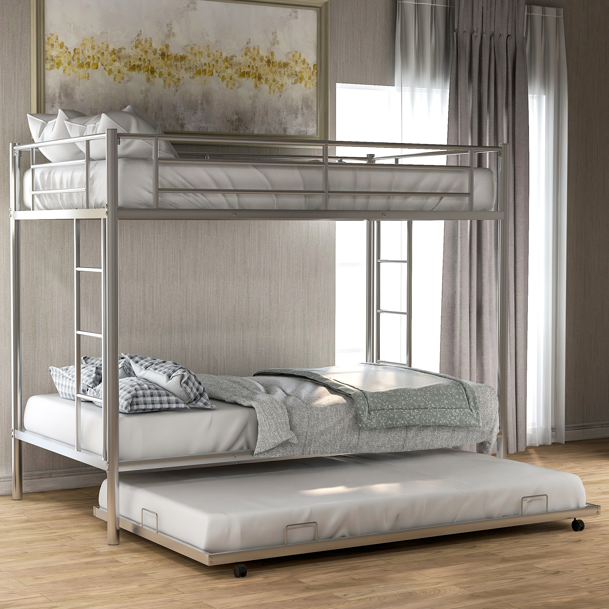 Silver Metal Twin Bunk Bed With Trundle