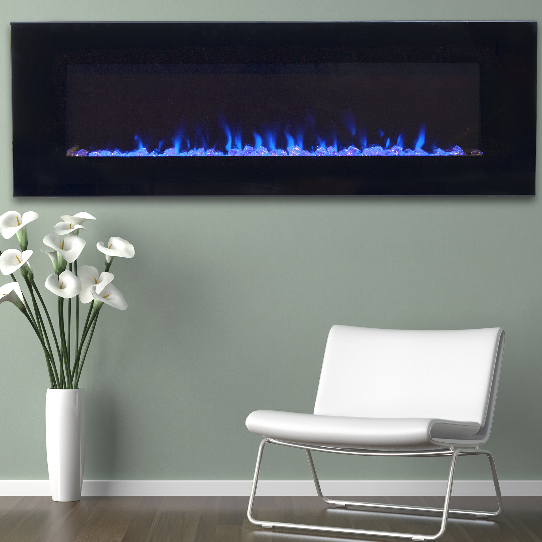 Slim Long Black Wall Mounted Electric Fireplace