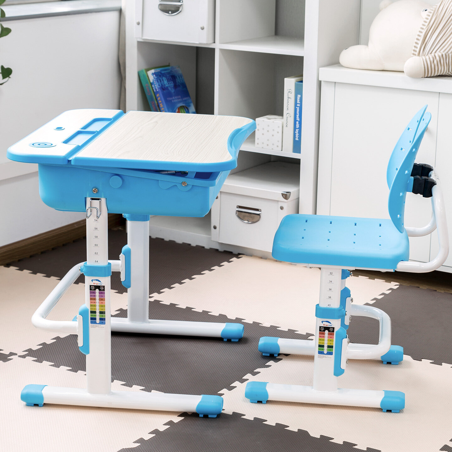 Small Kids Study Desk and Chair Set in Blue