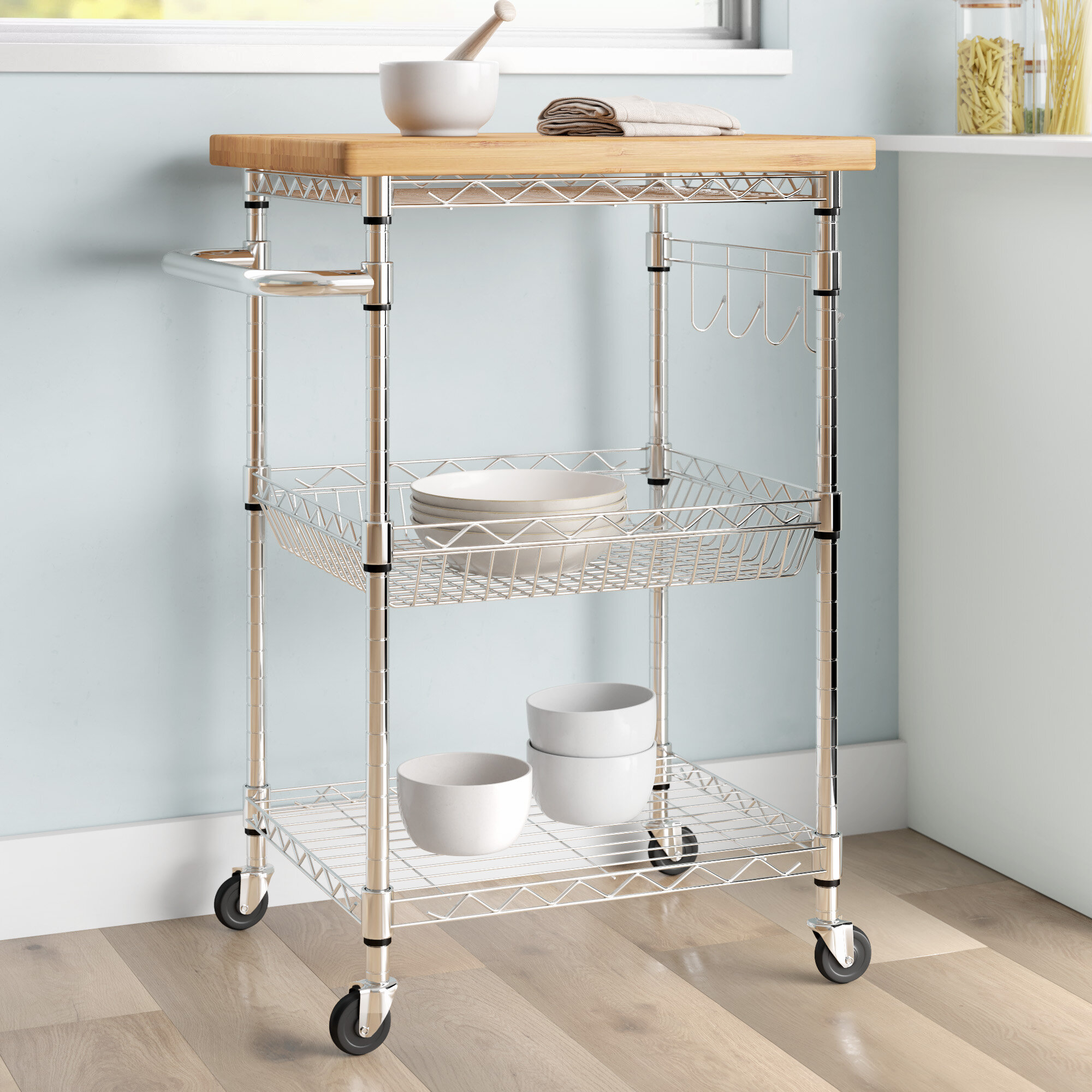 Small Kitchen Cart with Solid Wood Top