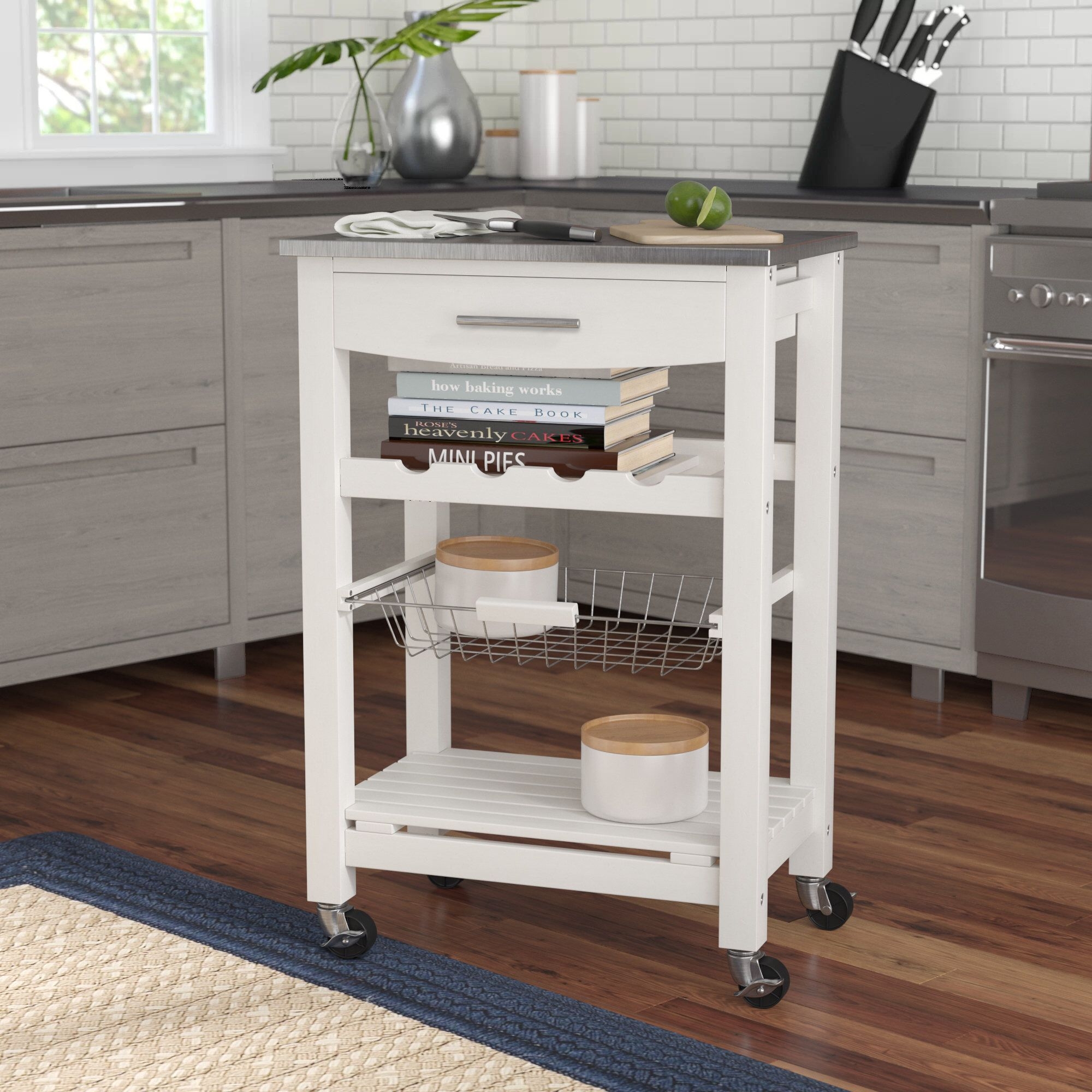 Small White Kitchen Cart with Stainless Steel Top