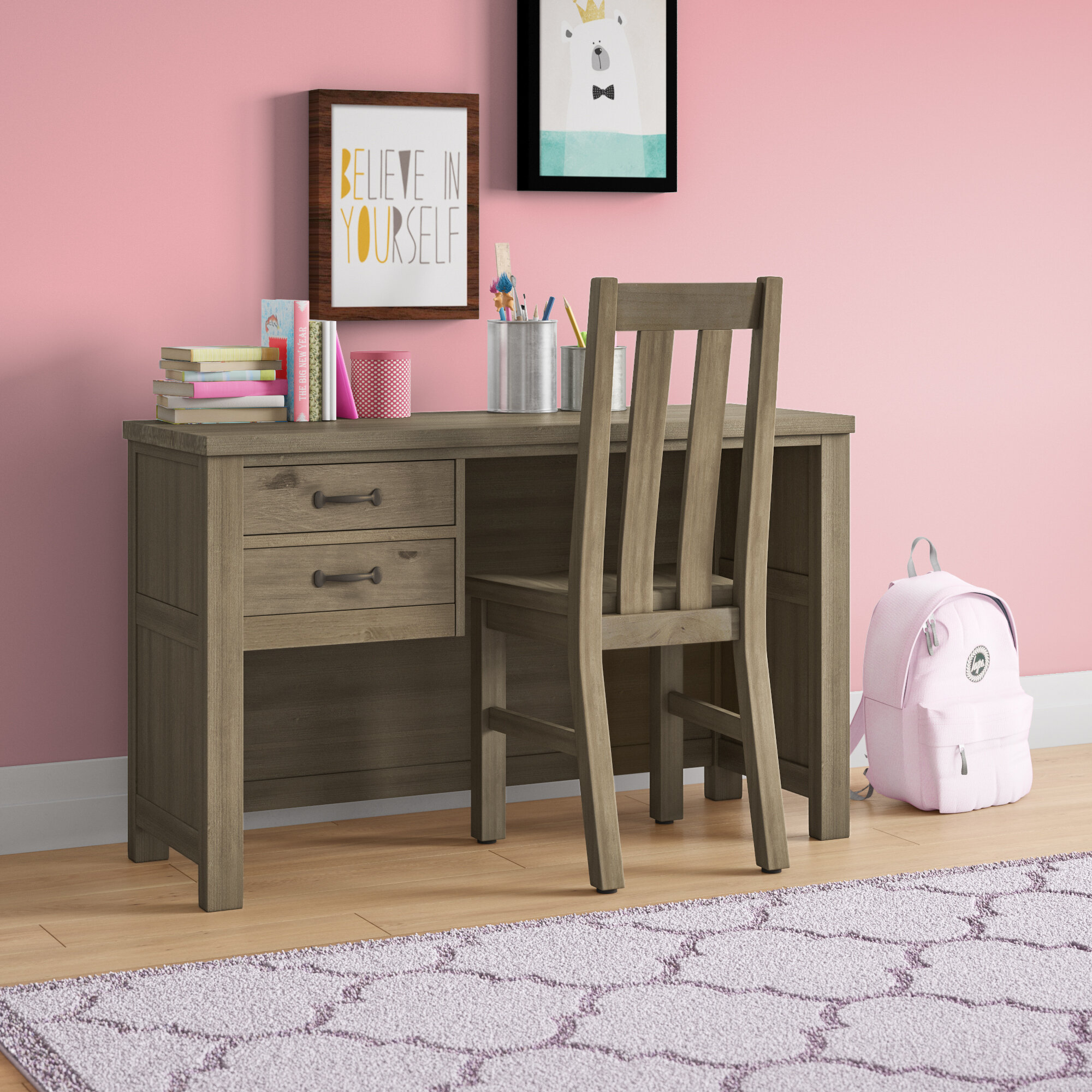 Solid Rustic Wood Kids Desk with Chair Set