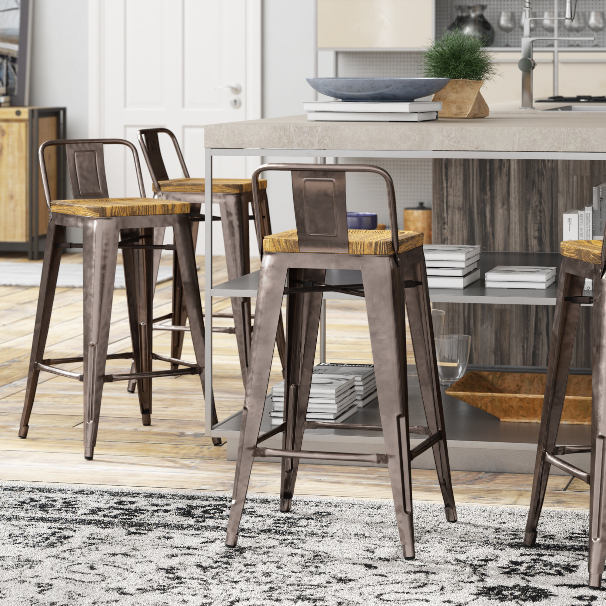 Solid Wood Gunmetal Metal Bar Stool