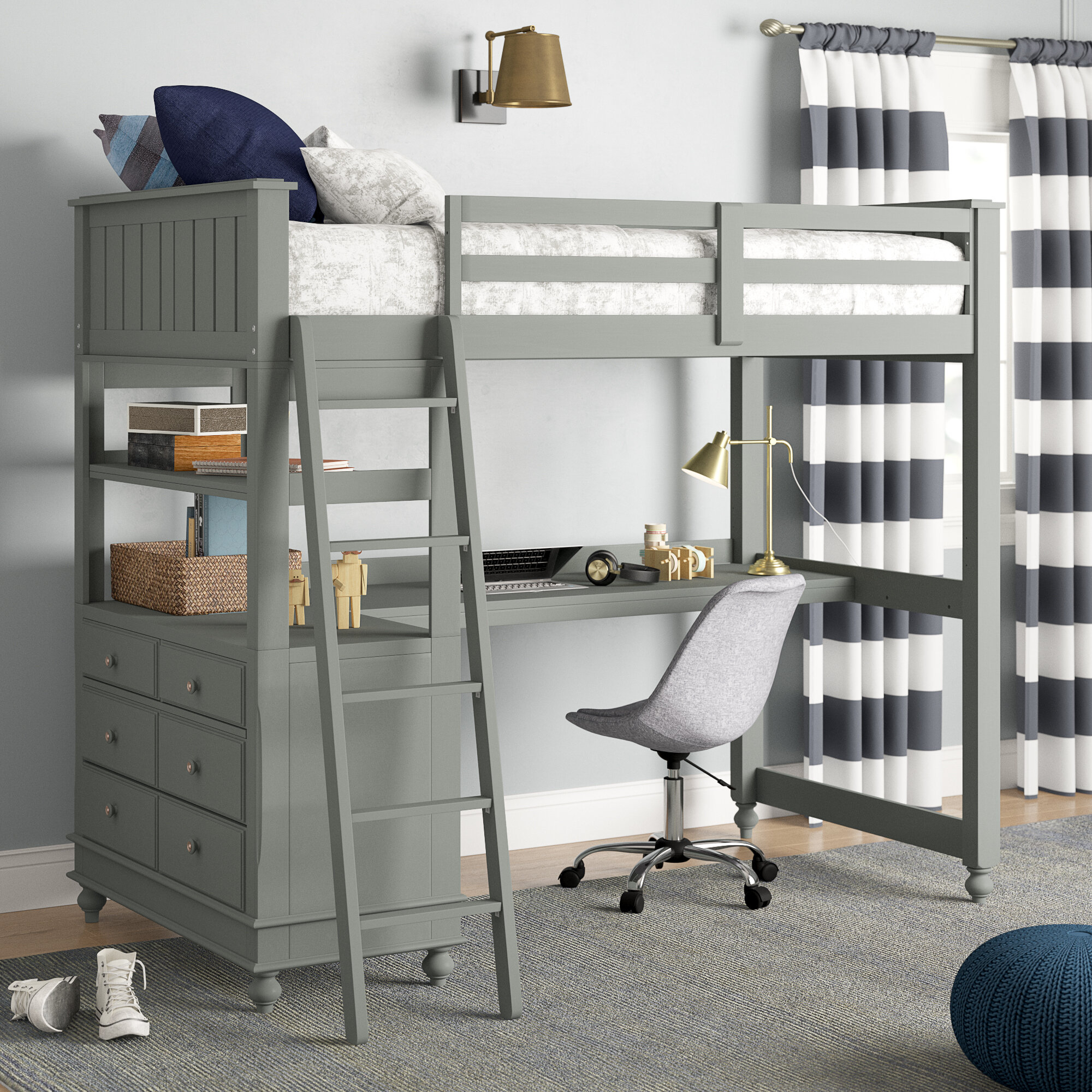 Stone Solid Wood Loft Bed With Drawers