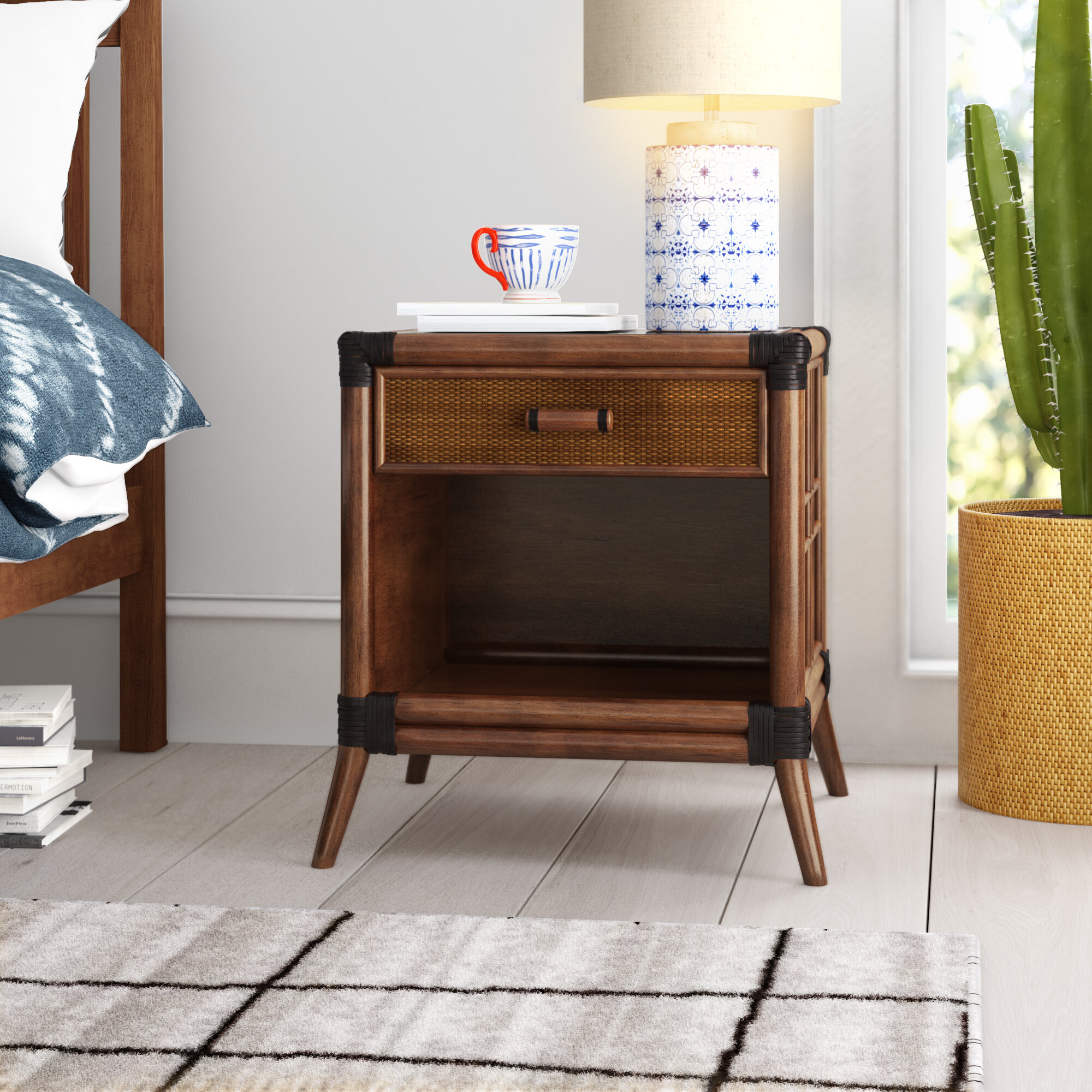 Tropical Brown Wicker Glass Nightstand