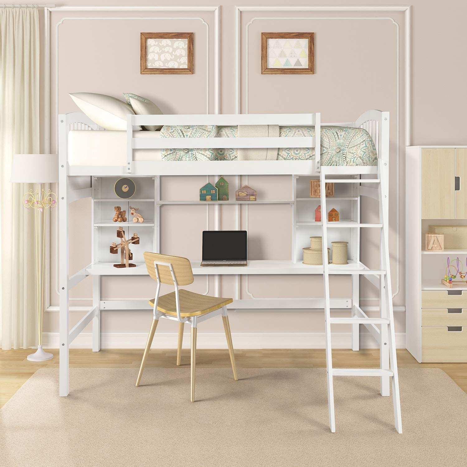 Twin Loft Bed with Desk in White