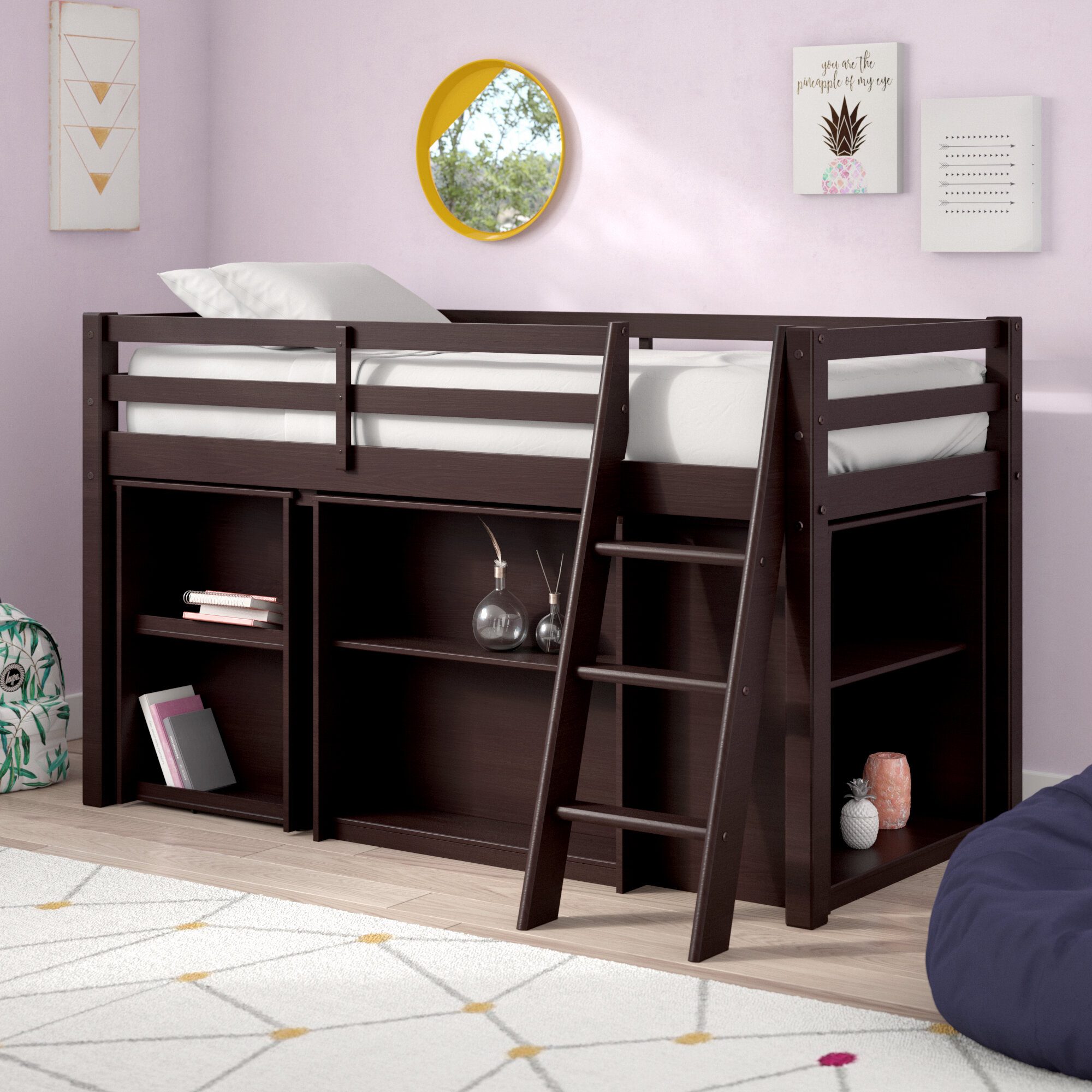 Twin Low Loft Bed with Shelves