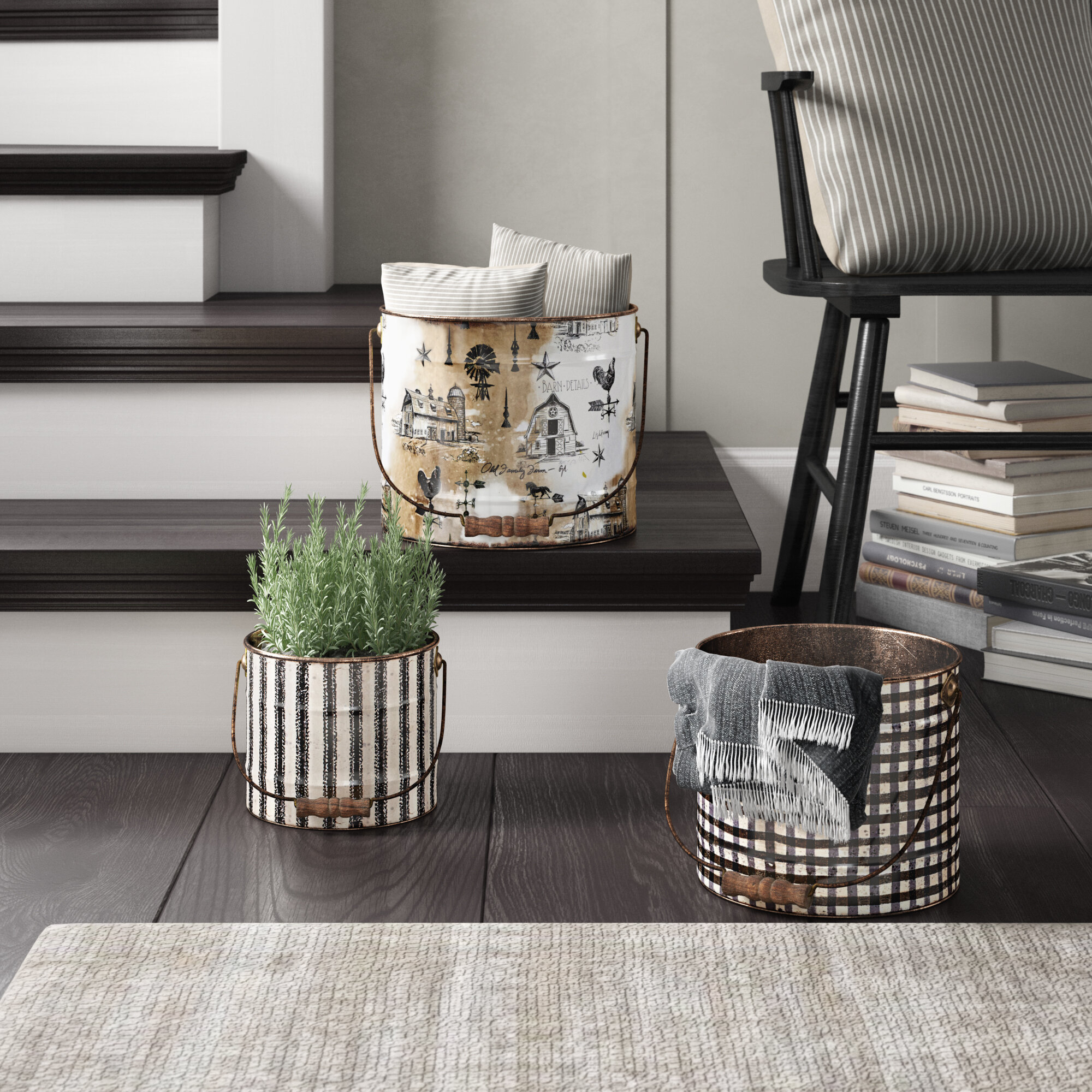 White Black Oval Metal Bucket Set