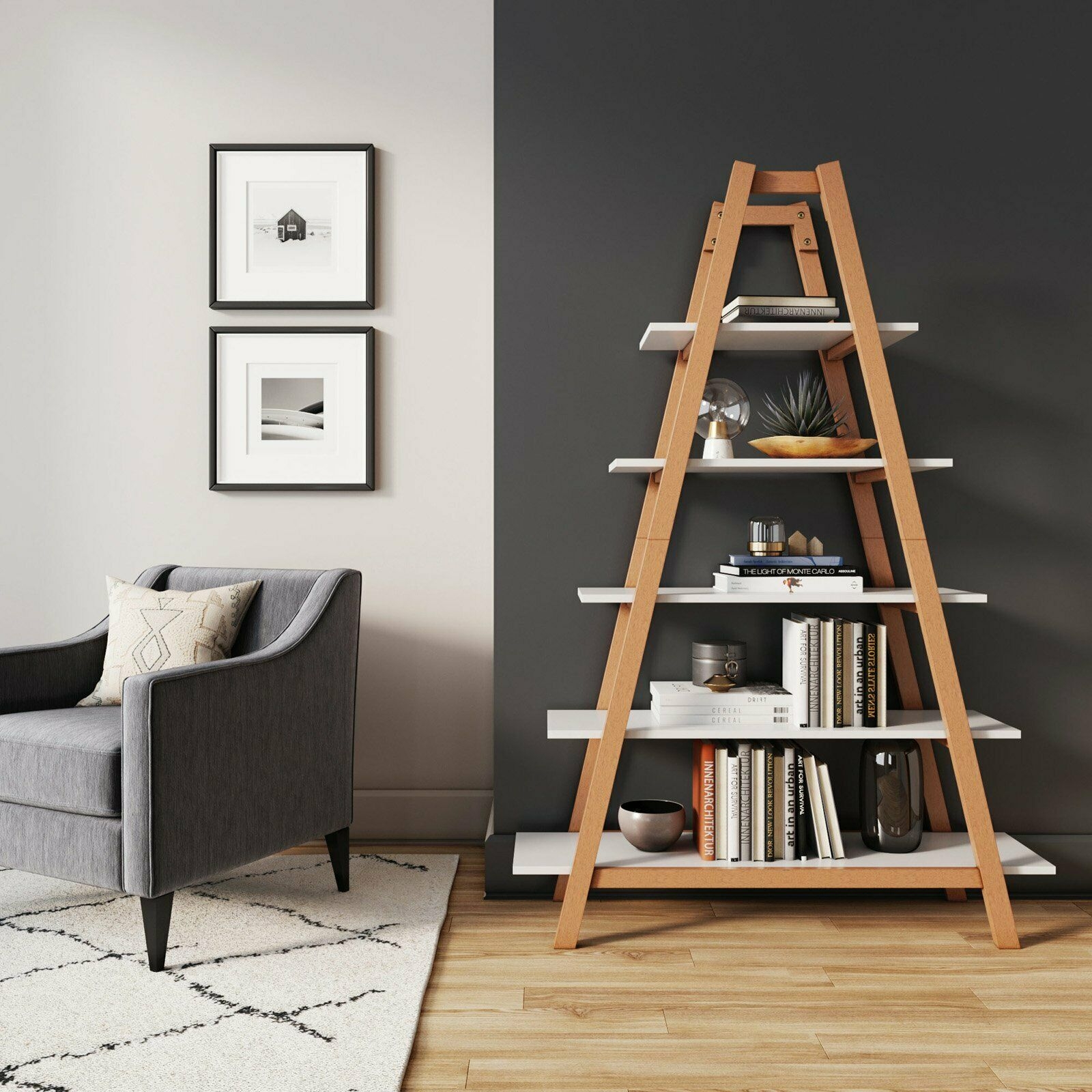 White Brown Wood Etagere Bookcase
