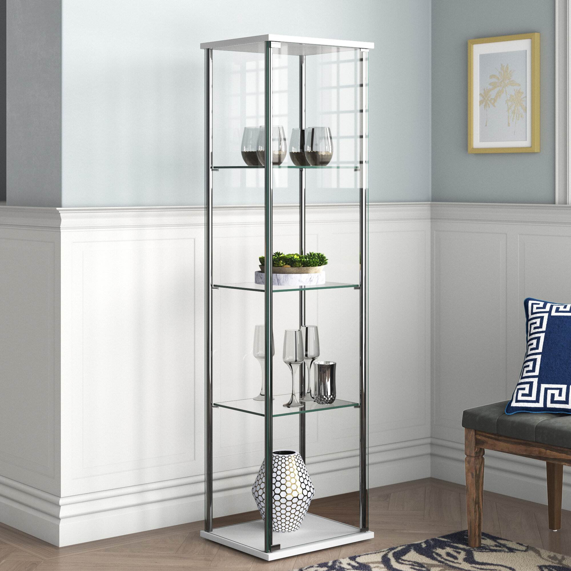 White Clear Glass Metal Curio Cabinet
