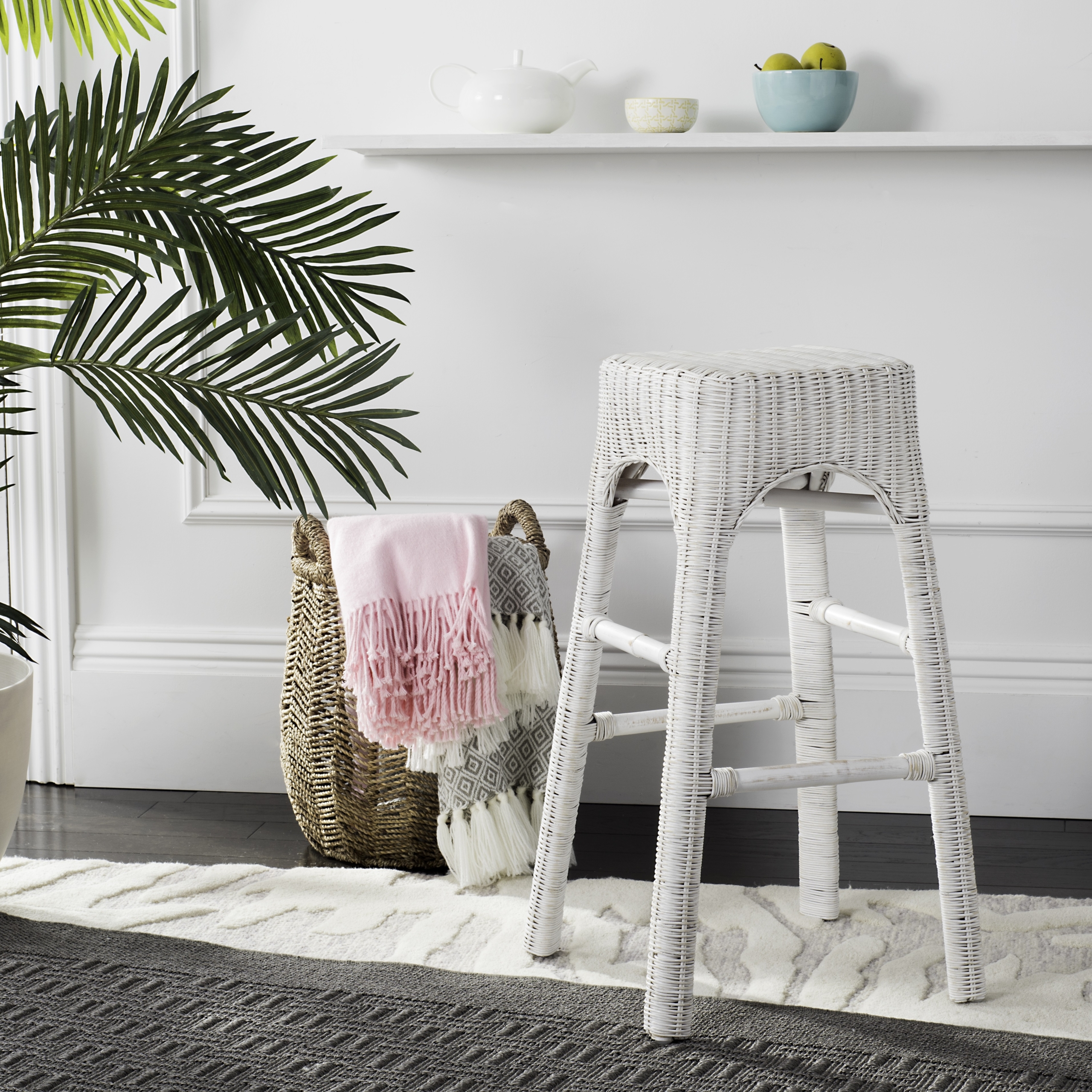 White Distress Wicker Backless Bar Stool