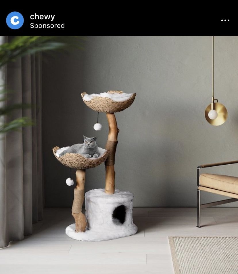 White Faux Fur Cherry Wood Cat Tree