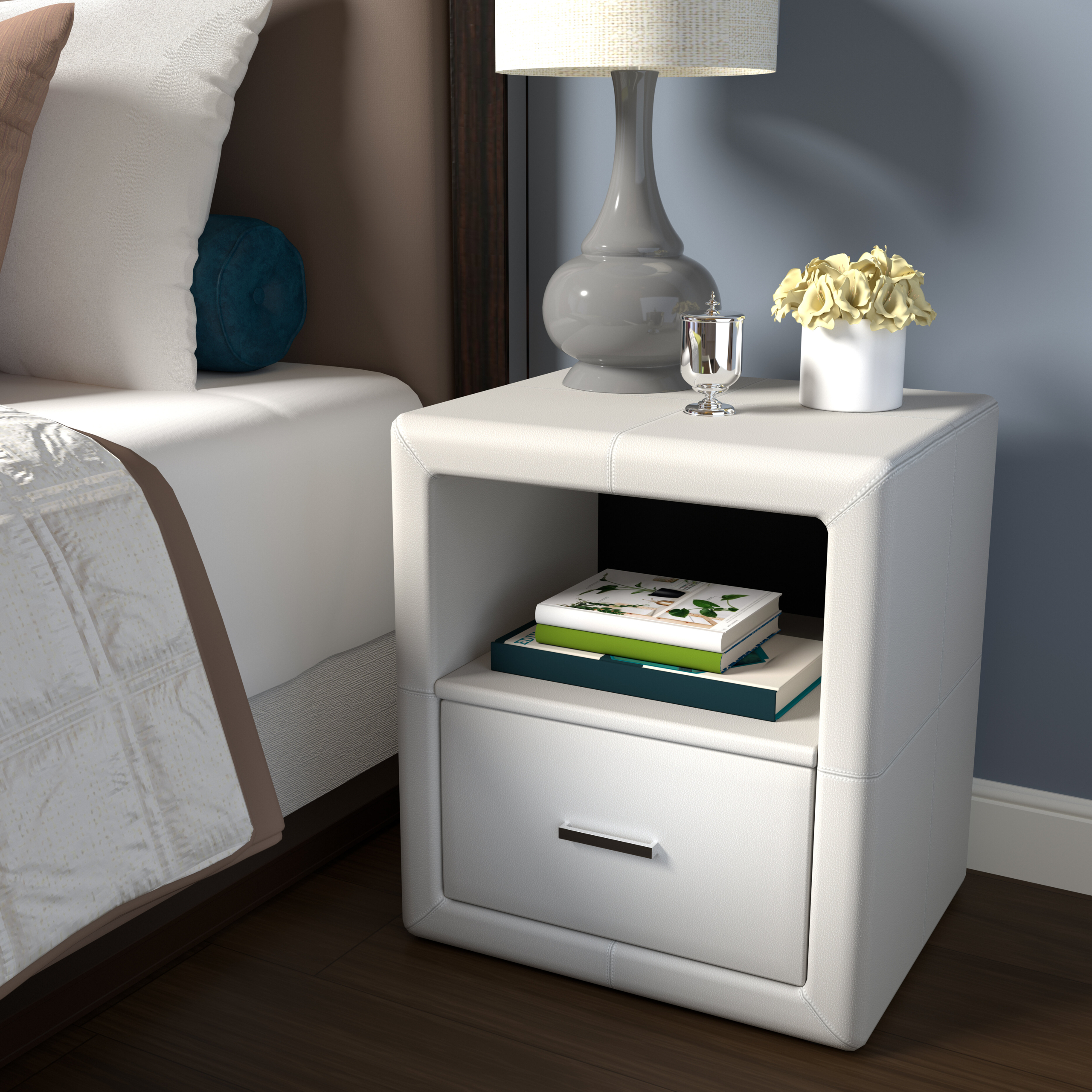 White Faux Leather Manufactured Wood Nightstand