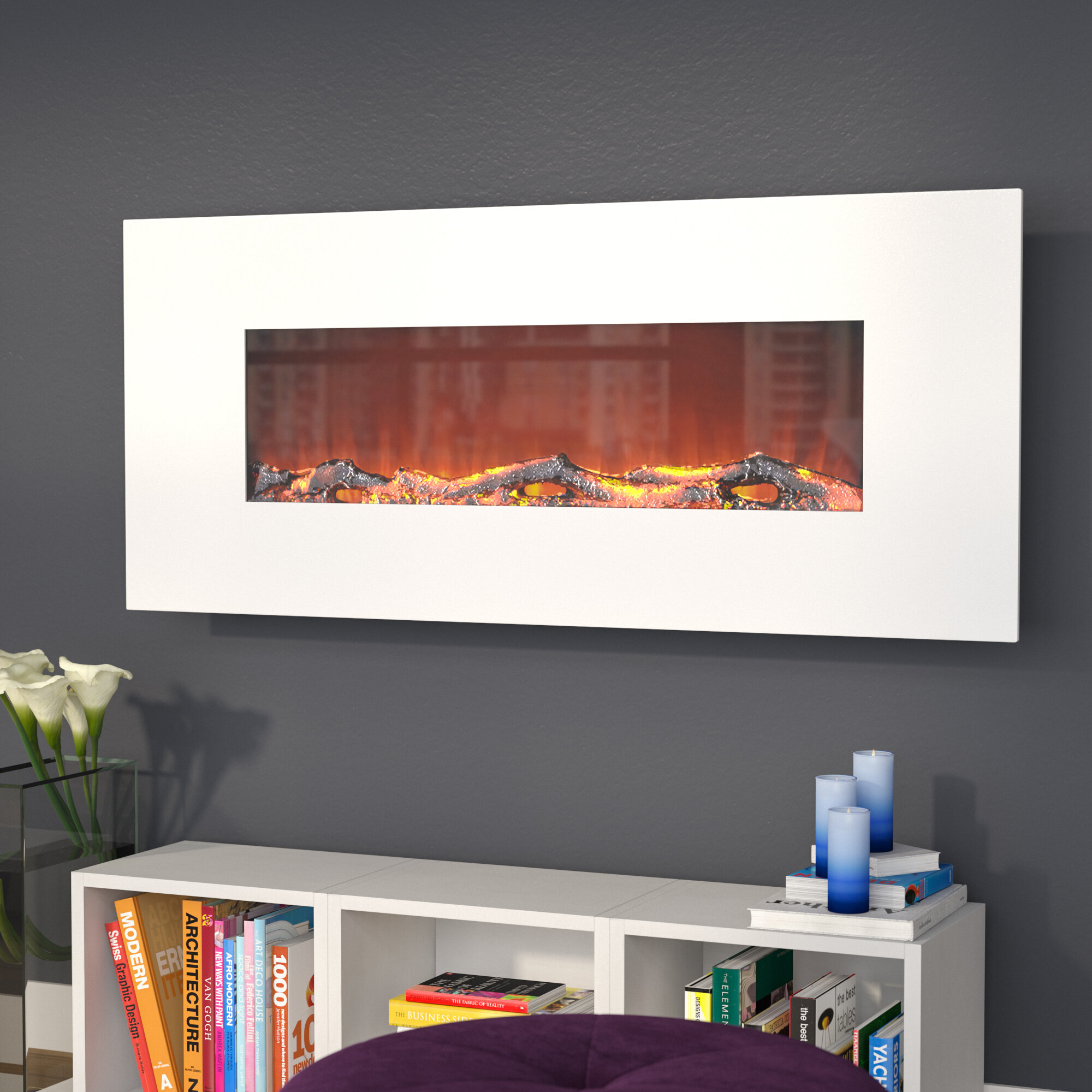 White Frame Wall Mounted Electric Fireplace