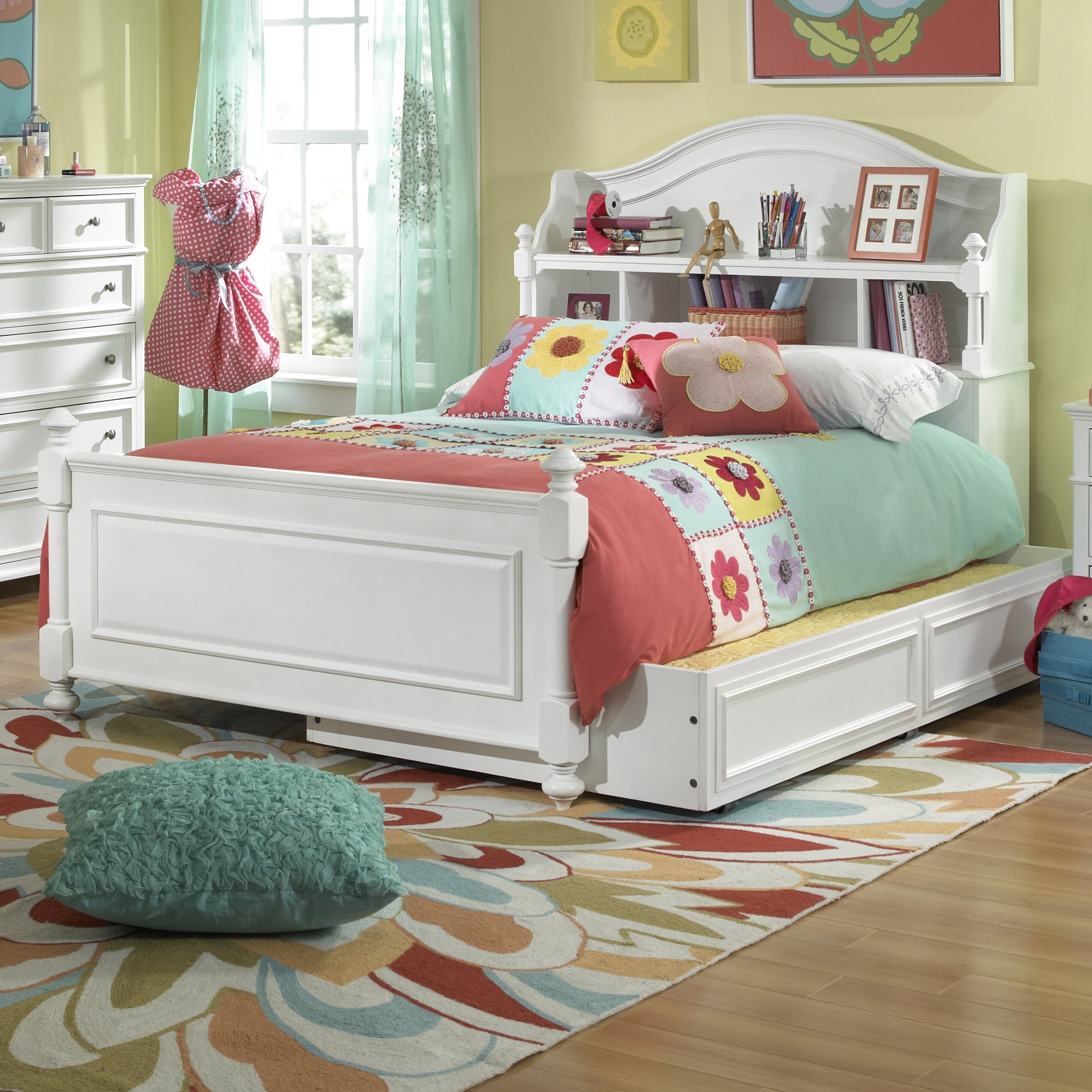 White Manufactured Wood Platform Bed With Bookcase
