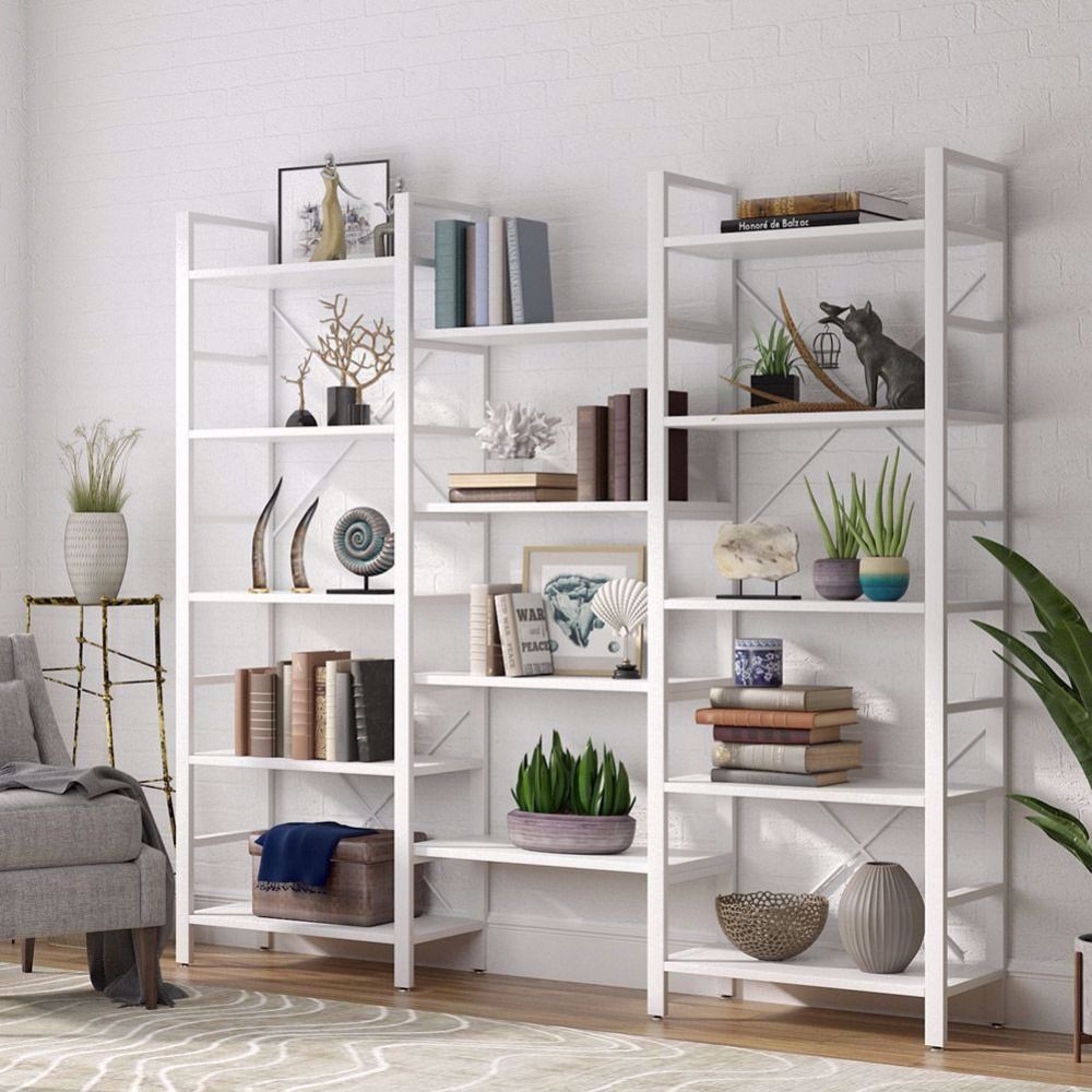 White Metal Manufactured Wood Etagere Bookcase