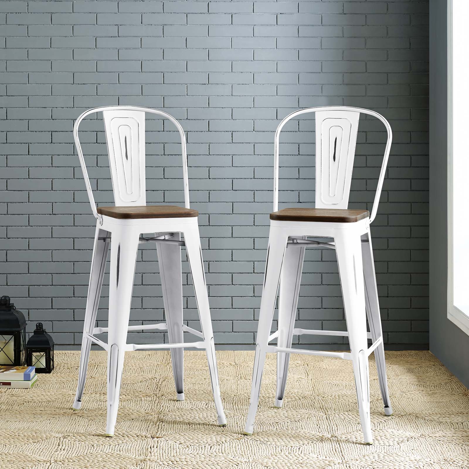 White Metal Solid Wood Bar Stool