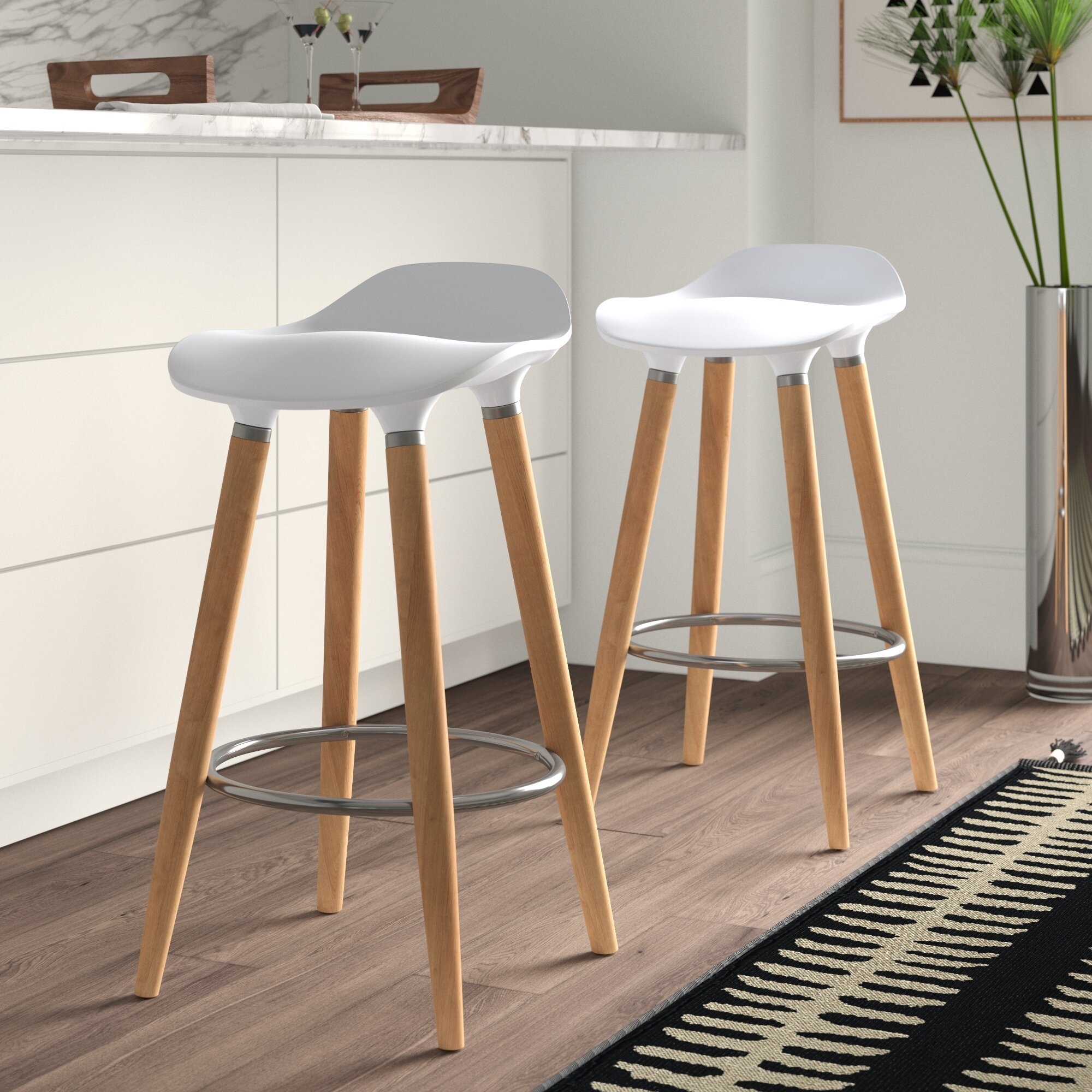 White Plastic Wood Low Back Bar Stool