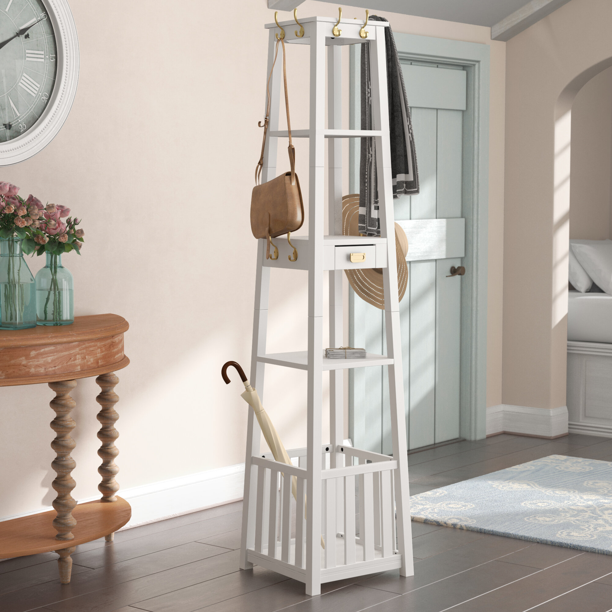 White Solid Manufactured Wood Free Standing Hall Tree