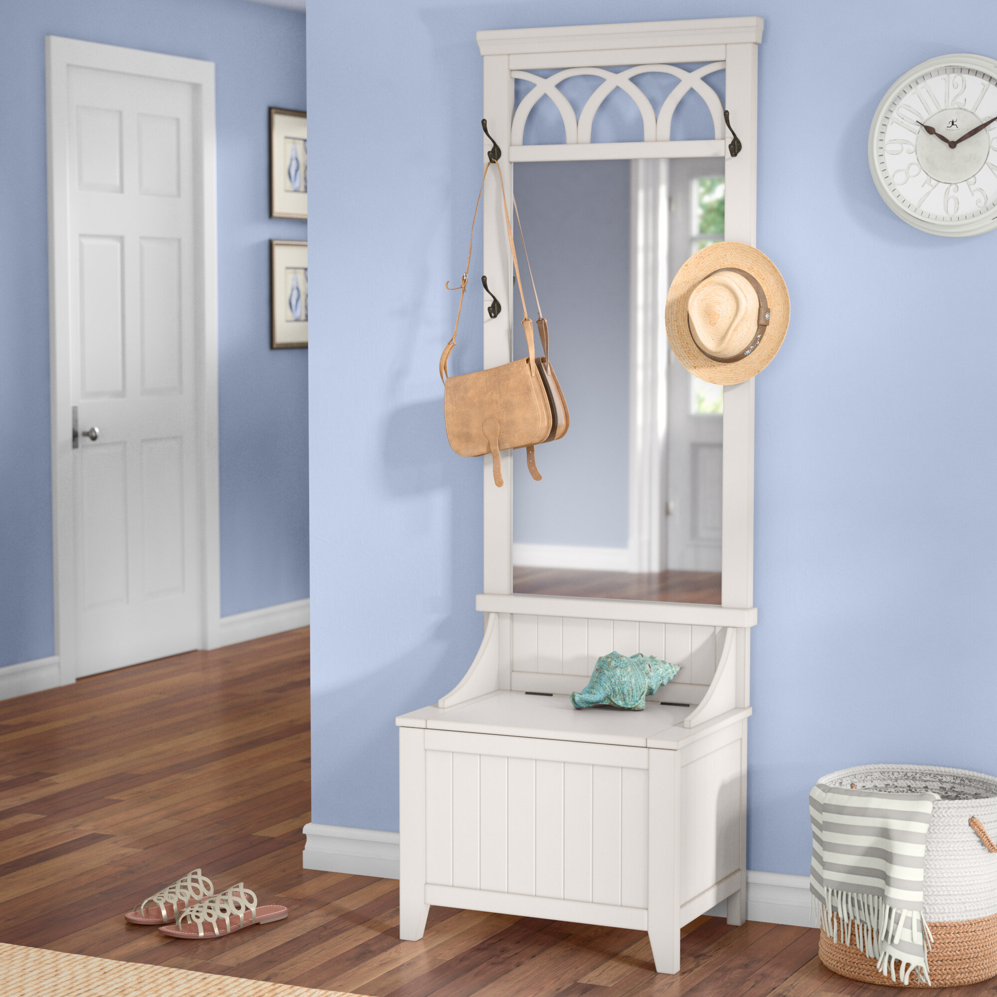 White Solid Manufactured Wood Hall Tree With Mirror