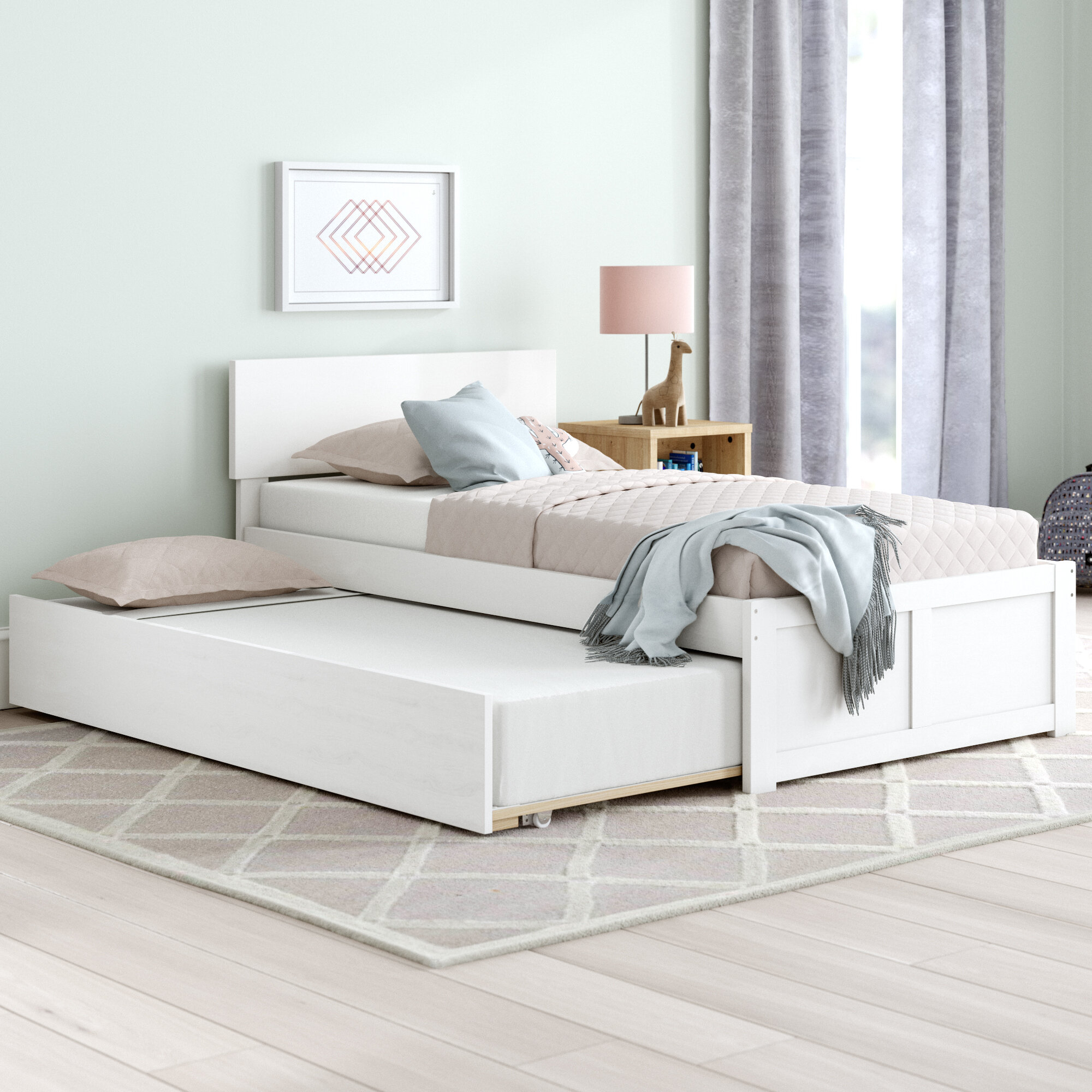 White Solid Wood Platform Bed With Trundle