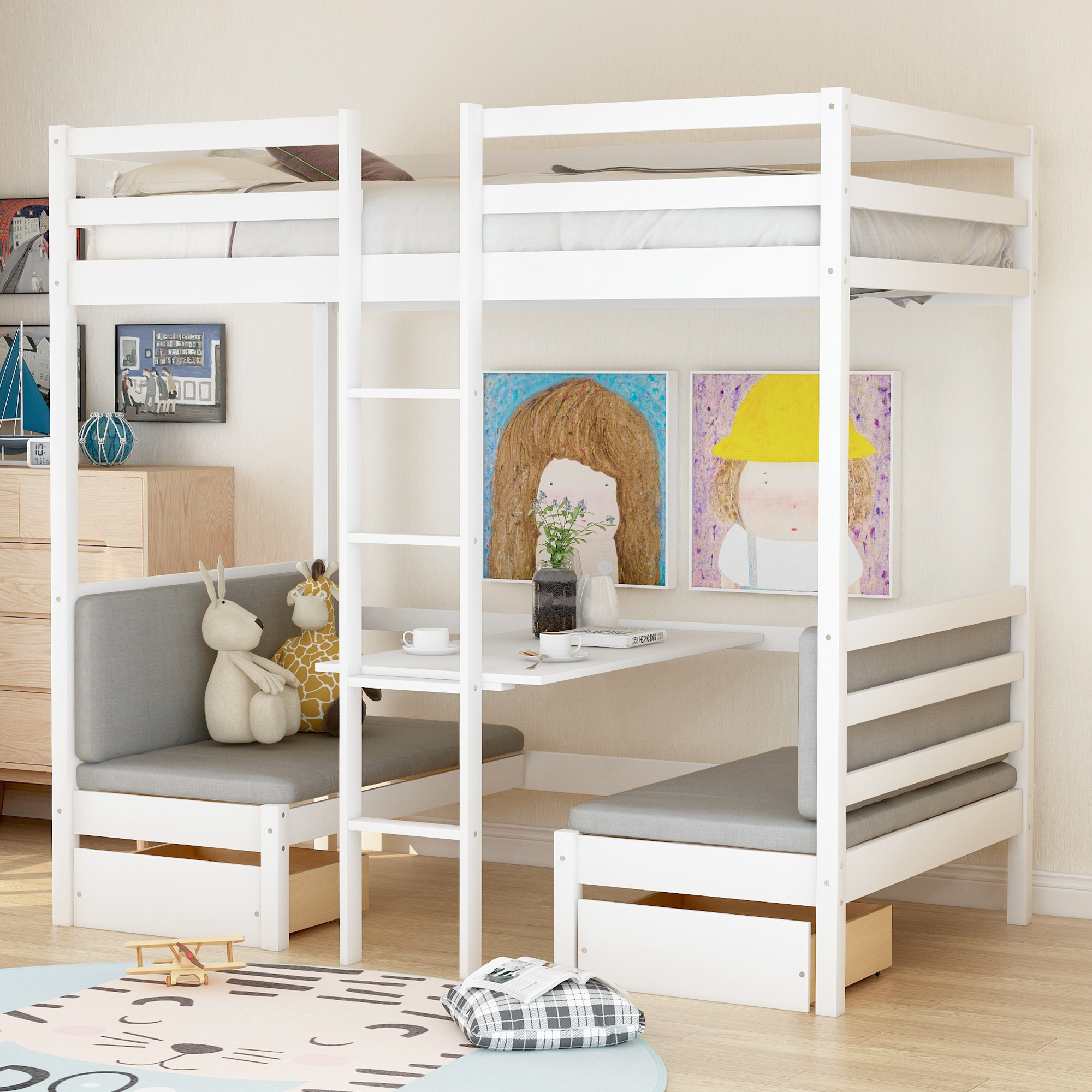 White Solid Wood Twin Loft Bed With Desk
