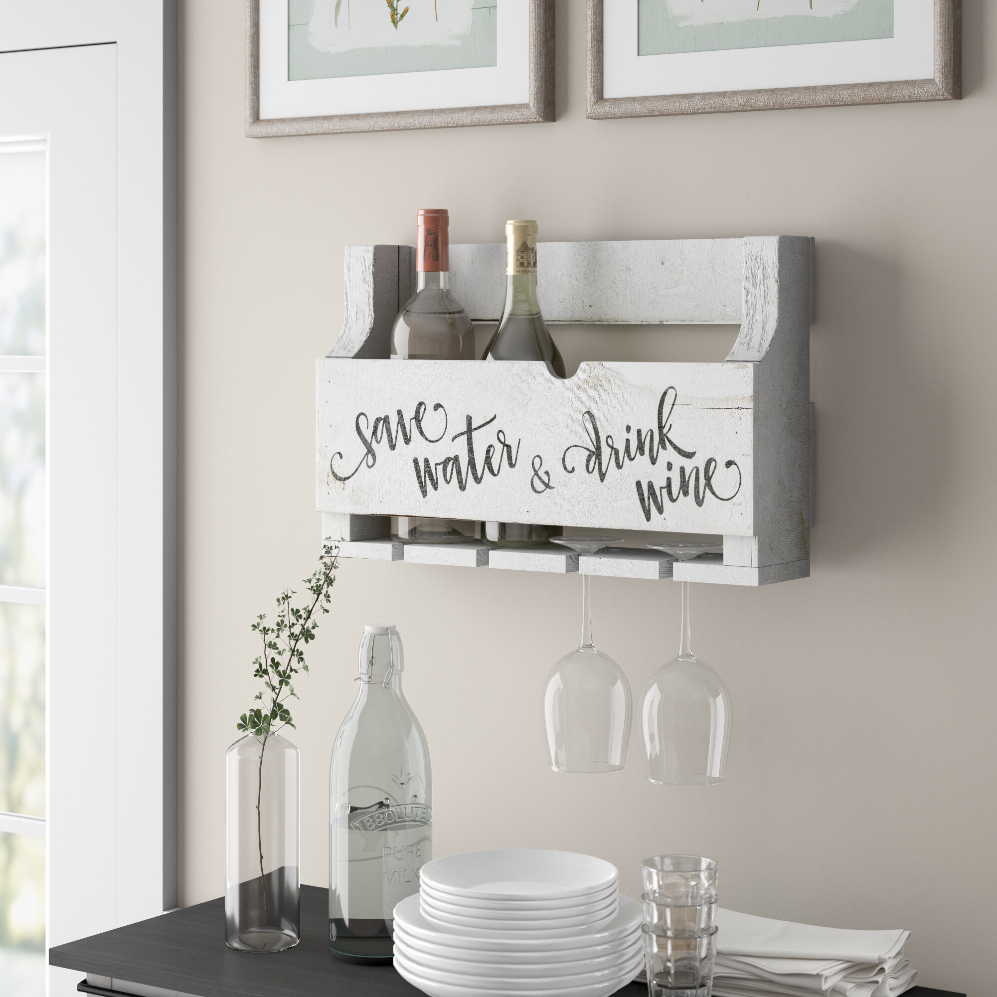 White Wall Mounted Wine Bottle And Glass Rack