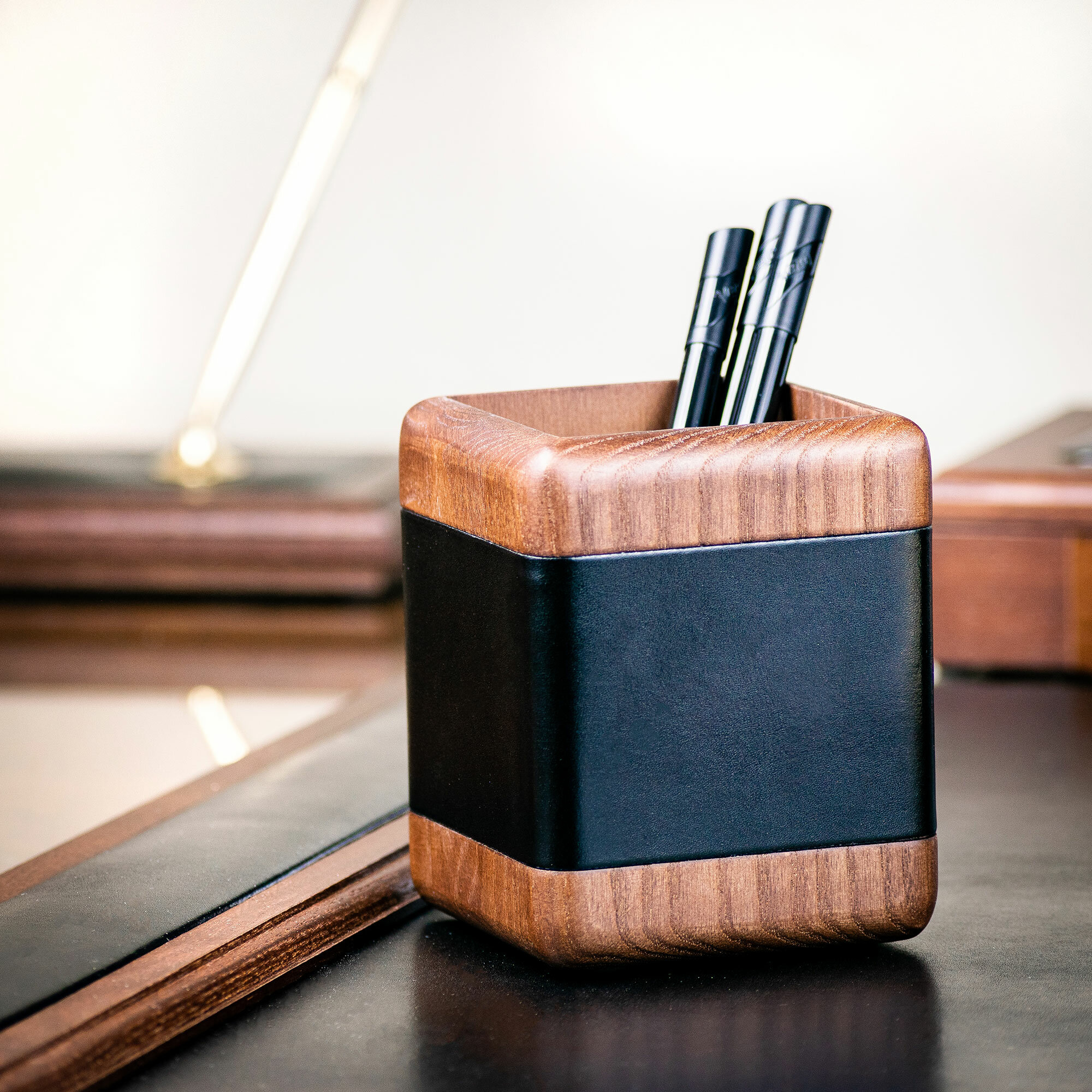 Wood and Leather Pencil Cup in Black