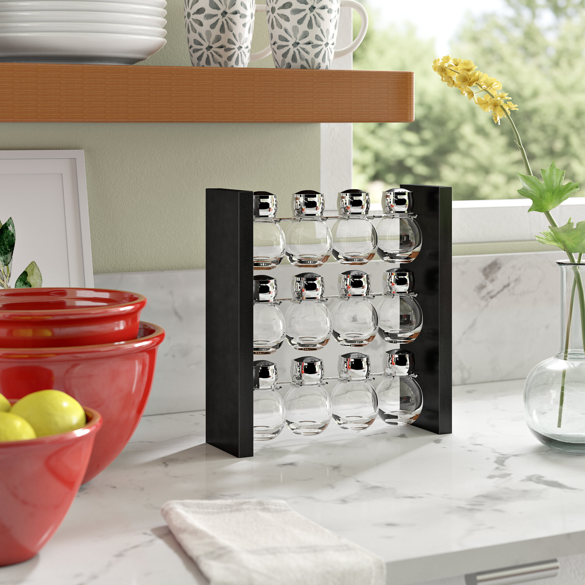Wood Glass Countertop Spice Jar And Rack Set