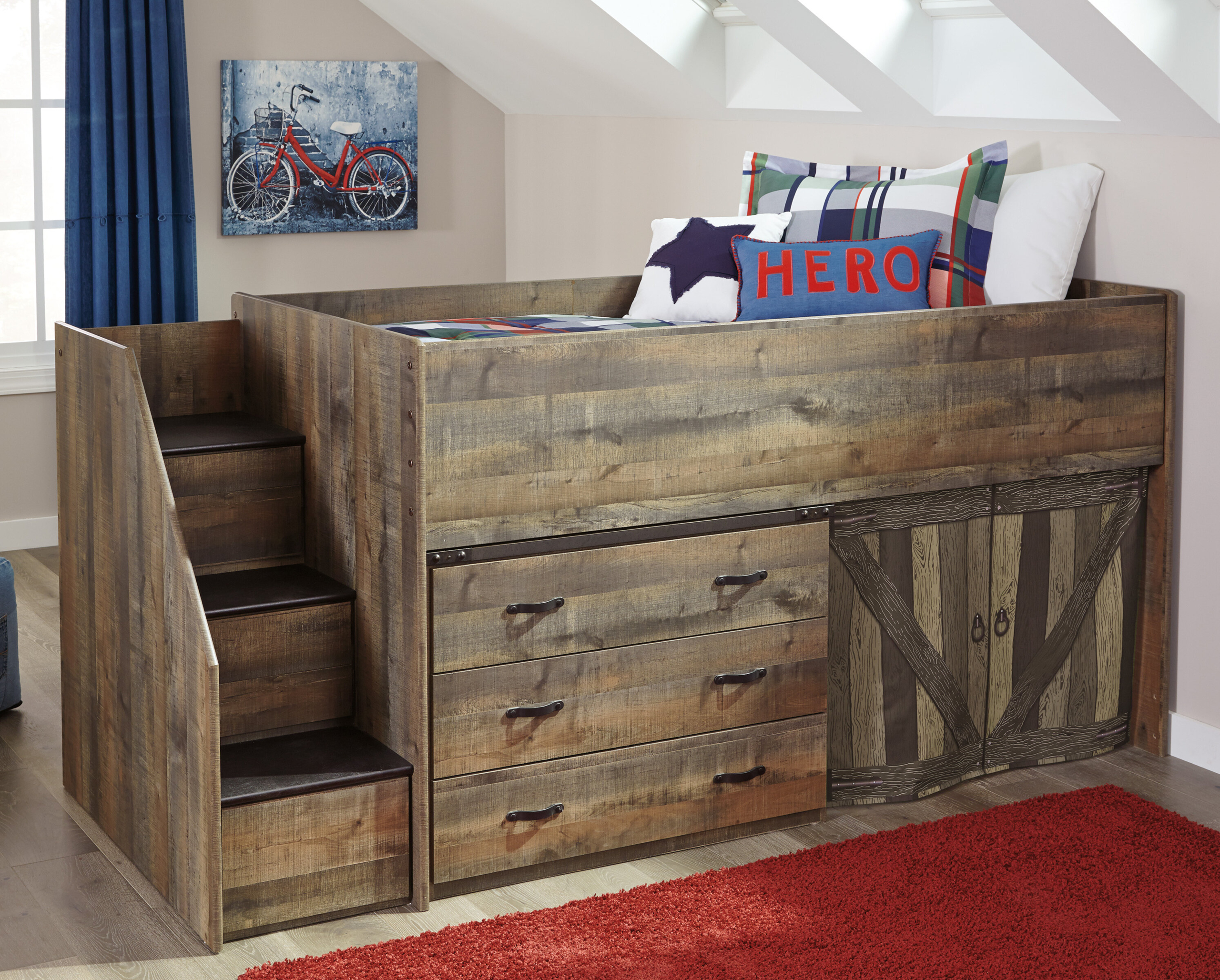 Wooden Twin Low Loft Bed in Walnut