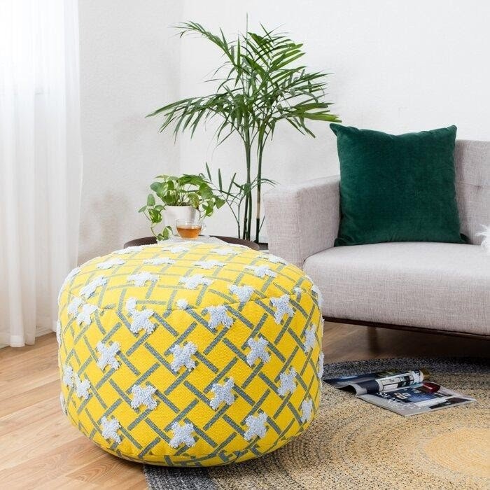 Yellow Gray Cotton Round Pouf