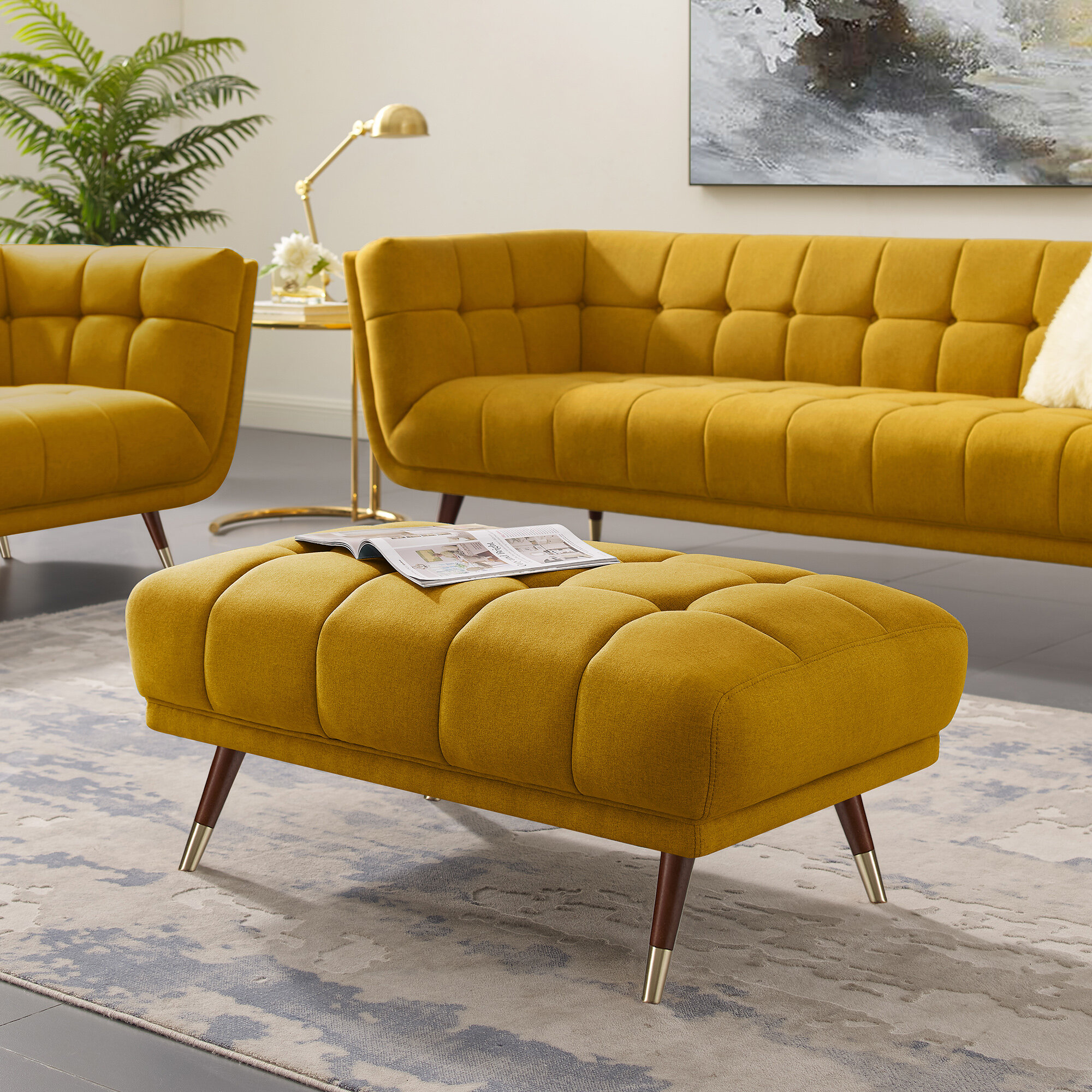 Yellow Polyester Tufted Rectangle Standard Ottoman