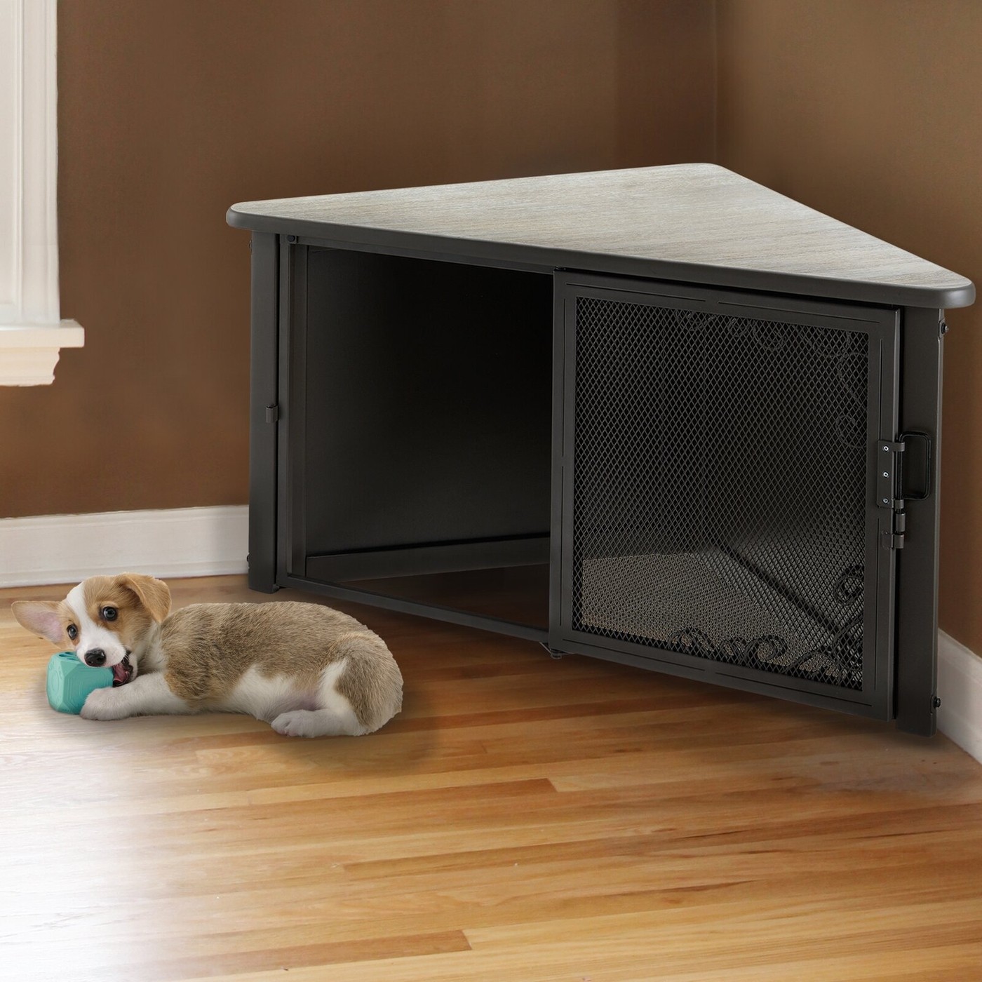 Corner credenza shop pet crate