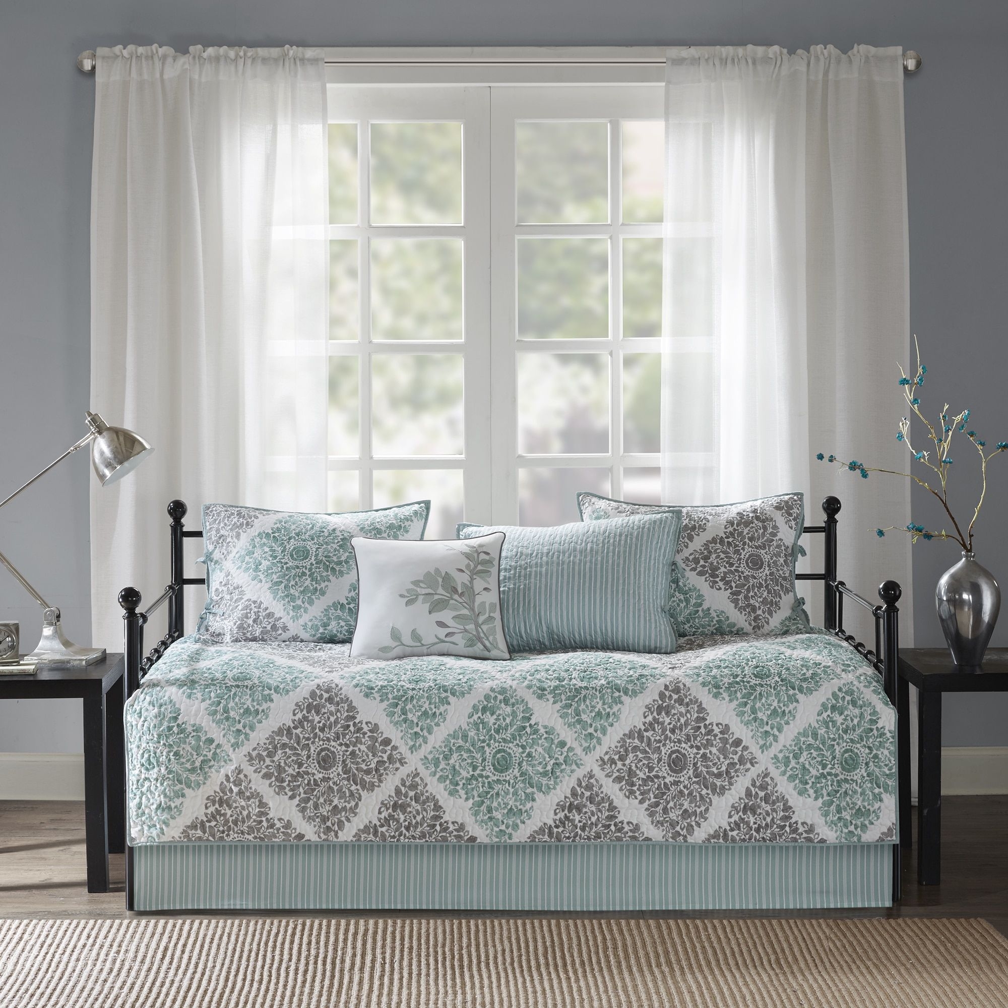 Madison Park Claire Daybed Size Quilt Bedding Set - Aqua, Grey , Leaf Geometric &ndash; 6 Piece Bedding Quilt Coverlets &ndash; Ultra Soft Microfiber Bed Quilts Quilted Coverlet