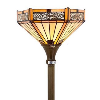 Tiffany Floor Lamp Torchiere Up Lighting W12H66 Yellow Stained Glass Hexagon Lampshade Antique Style Standing Iron Base 1E26 Foot Switch S011 WERFACTORY Lamps Home Office Living Bedroom Decoration